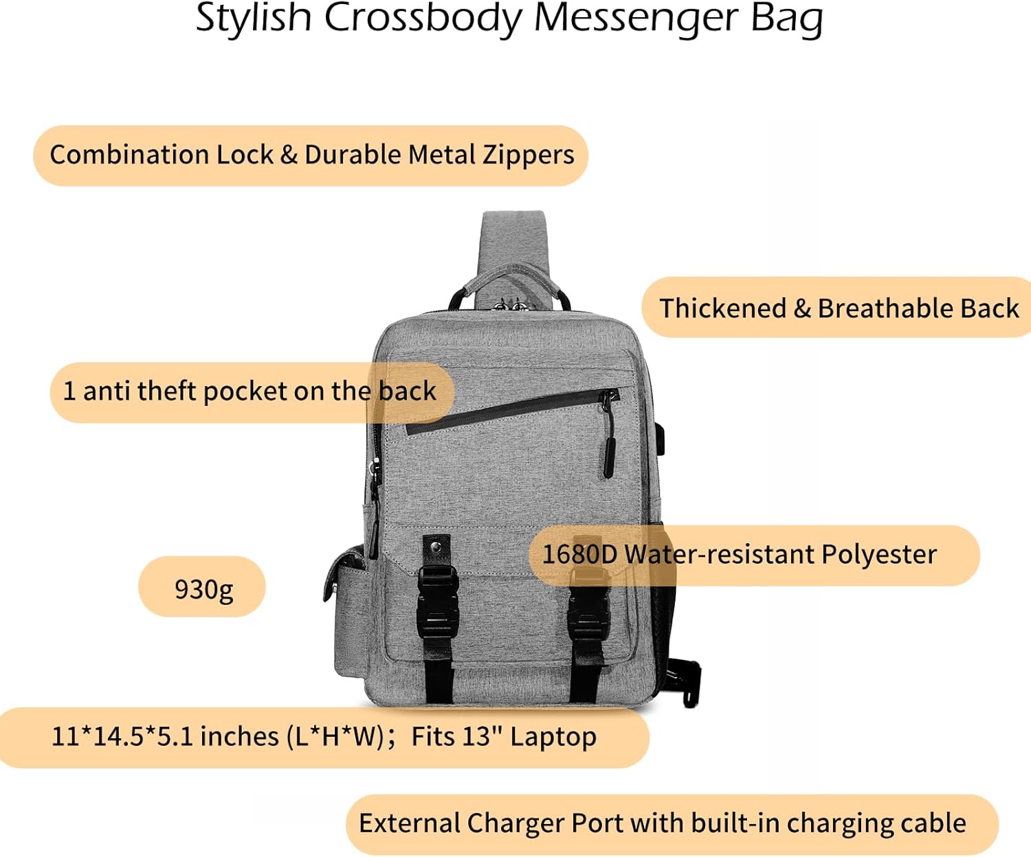 Leaper Sling Crossbody Bag for Men: 2026 13" Laptop Sleeve Shoulder Daypack - USB Charging Port & Anti Theft - Lightweight Messenger for Business Travel Work Commuting - Image 2