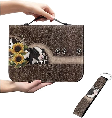 Porclay Funda para la Biblia y Keychian con girasoles y vaca, funda de la Biblia para mujer, funda de transporte de la Biblia con cremallera y