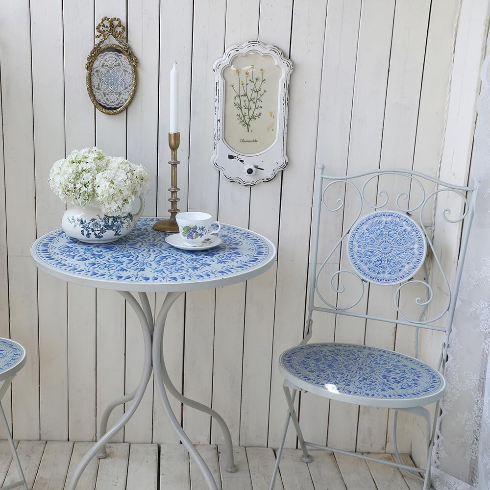 Round Outdoor Side Table Patio Bistro Ceramic Mosaic Patterned Design Tile Top Round Table Outdoor Garden 24 Inch Metal Furniture Dining Table for Yard Balcony Porch Poolside Terrace Blue Flower