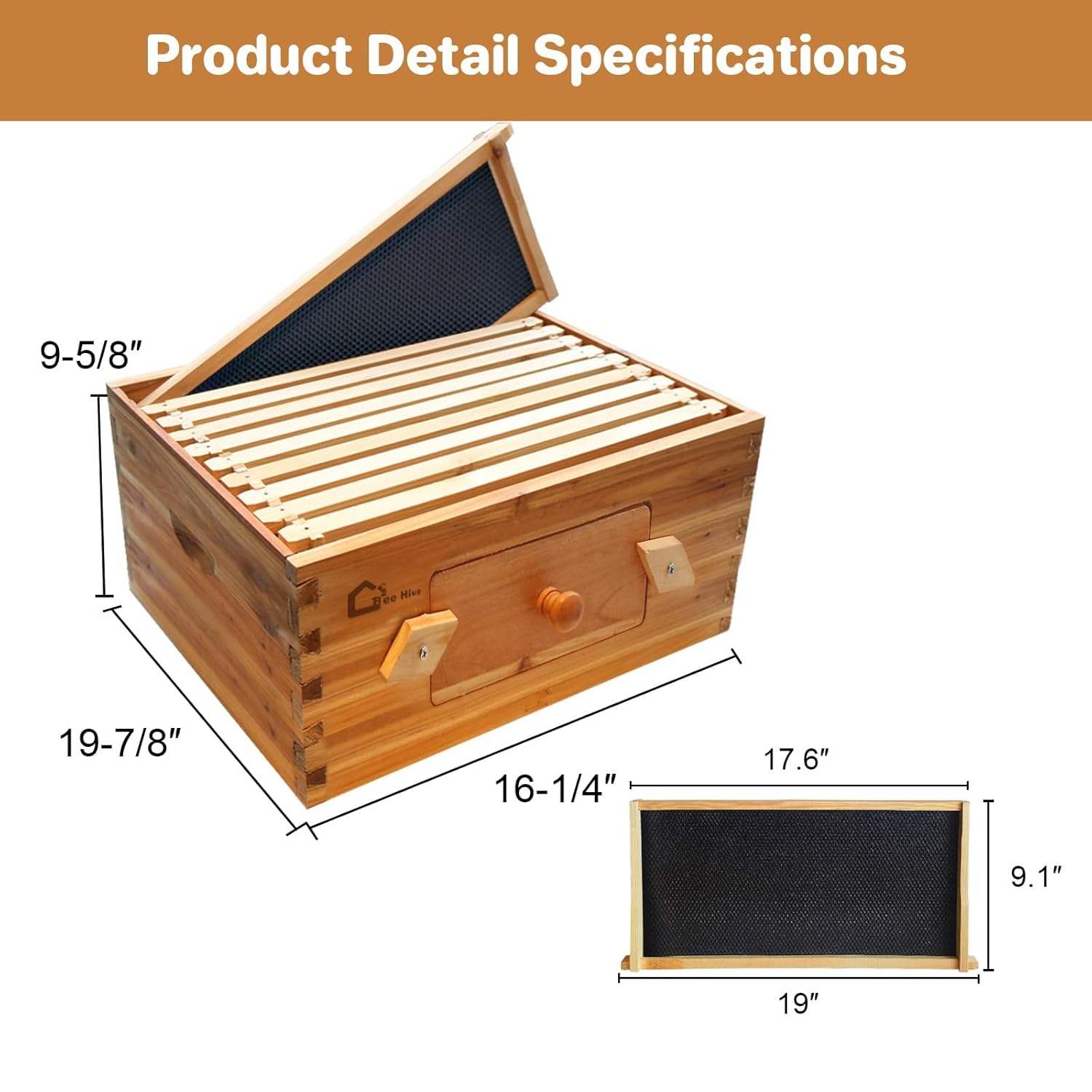 10-Frame Deep Brood Box, Langstroth Cedar Beehive with Observation Window, Beeswax-Coated Frames & Foundations for Beekeeping, Dovetail Joint Assembly