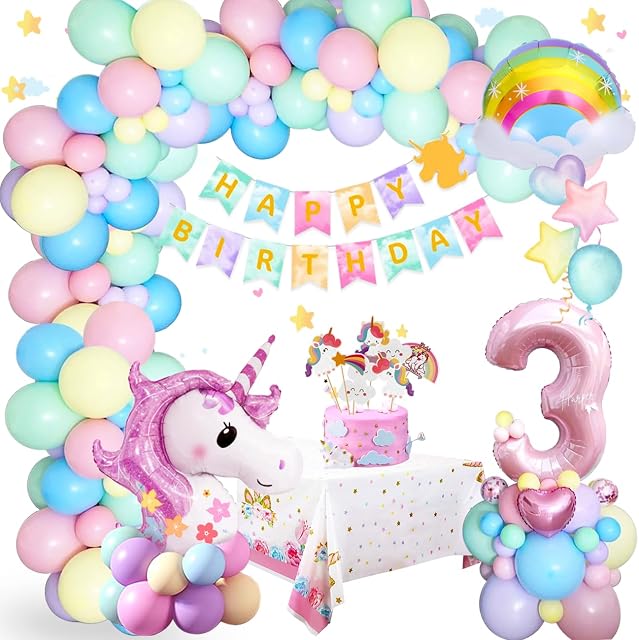 3rd Unicorn Birthday Party Decorations Girl, Pastel Macaron Birthday Balloons with 3D Unicorn, Confetti Balloons, Happy Birthday Banner, Unicorn Cake Toppers Tablecloth for Birthday Decorations Girls