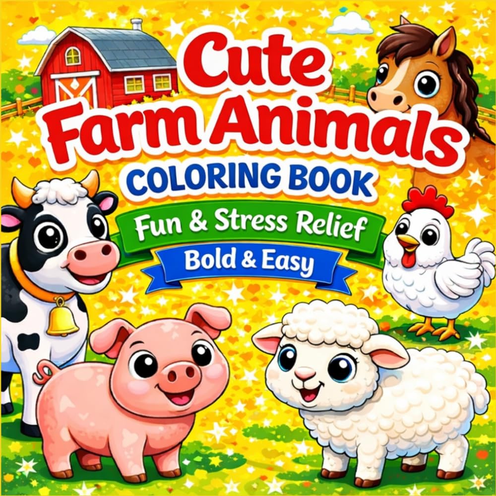 Cute Farm Animals: Coloring Book Fun & Stress Relief for Kids and Adults, Bold & Easy, Kawaii Farm Animals for Relaxation (Bold & Easy Cute Coloring Books for Kids and Adults)