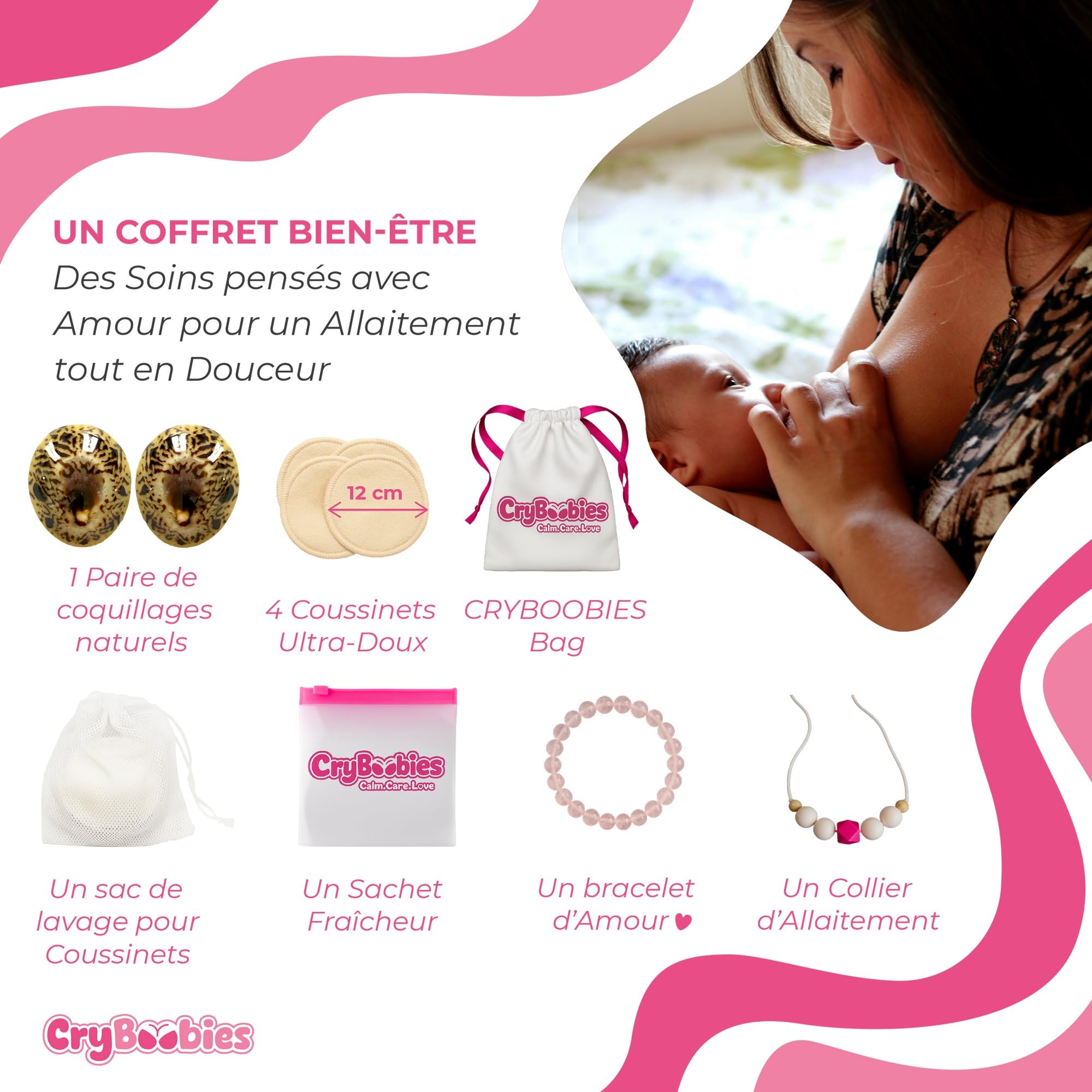 Coquillages d'allaitement + 4 Coussinets + Collier + Bracelet Quartz Rose - Cadeau fête des mères