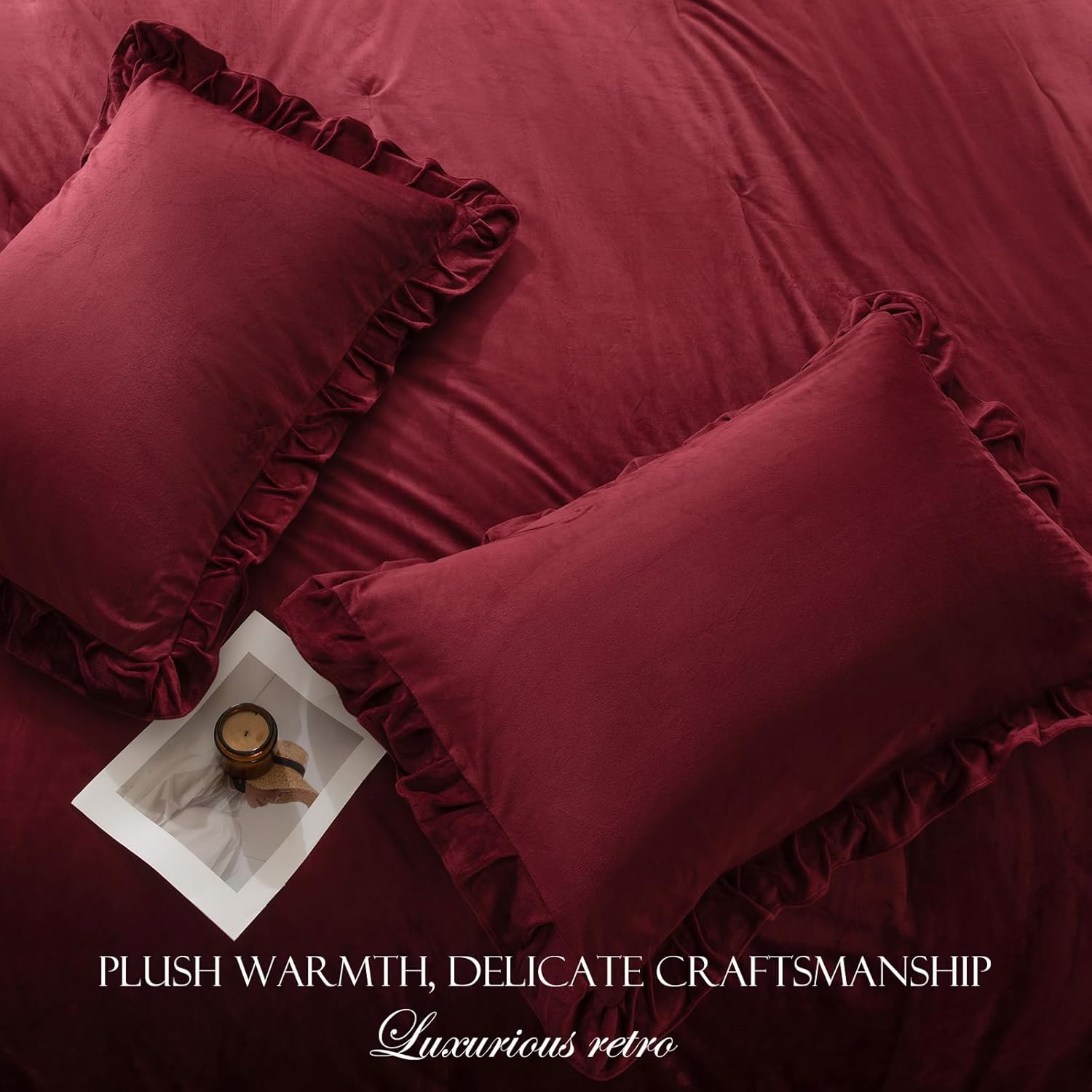 MOVE OVER Burgundy Velvet Comforter Set King, Ruffled Fluffy Plush Bedding with Pillowcases, All-Season Cozy Luxury Bed Set for Women & Girls