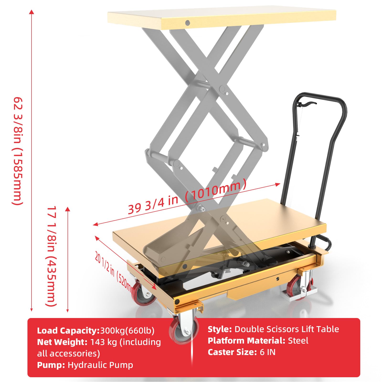 ZKH 660 lbs Hydraulic Lift Table Cart, Heavy Duty Scissor Lift