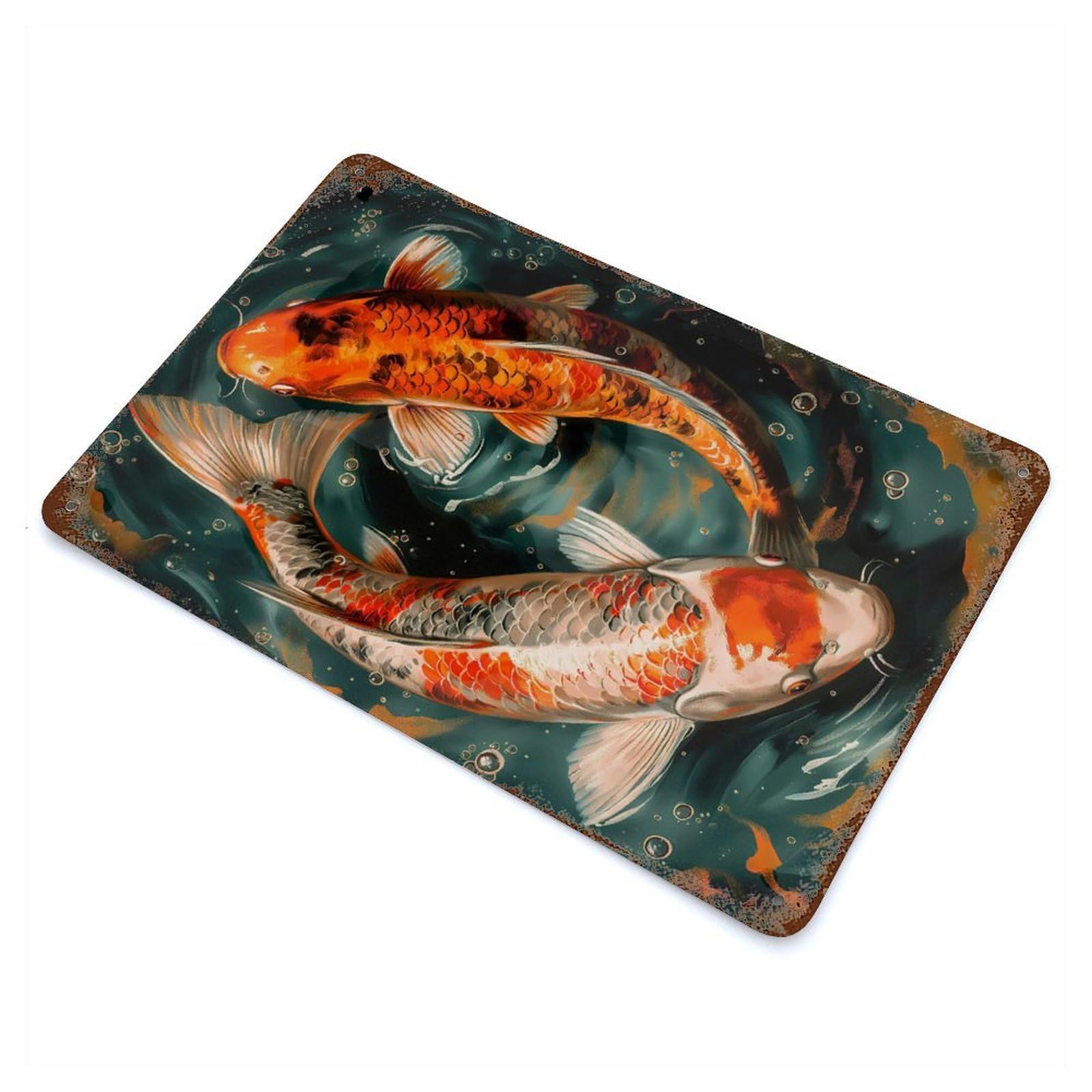 Garage Style Couple of Koi Fishes Decorative Tin Sign 11.8"x7.9", Industrial Home Decor for Bar And Workshop