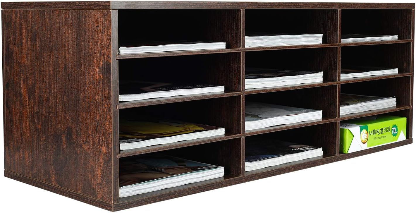 PAG Wood Desktop Literature Organizer Adjustable File Sorter Mail Center Magazine Holder Paper Storage Cabinet Classroom Keepers Mailbox, 12 Slots(4 Layers and 3 Columns), Retro White : Office Products
