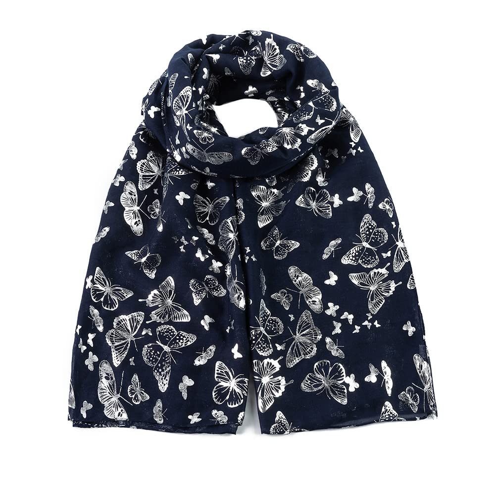 London Scarfs New Ladies Women's Glitter Foiled Flamingo,Swallow Birds & Butterfly Print Scarfs (Navy Blue With Silver Foil Butterfly)