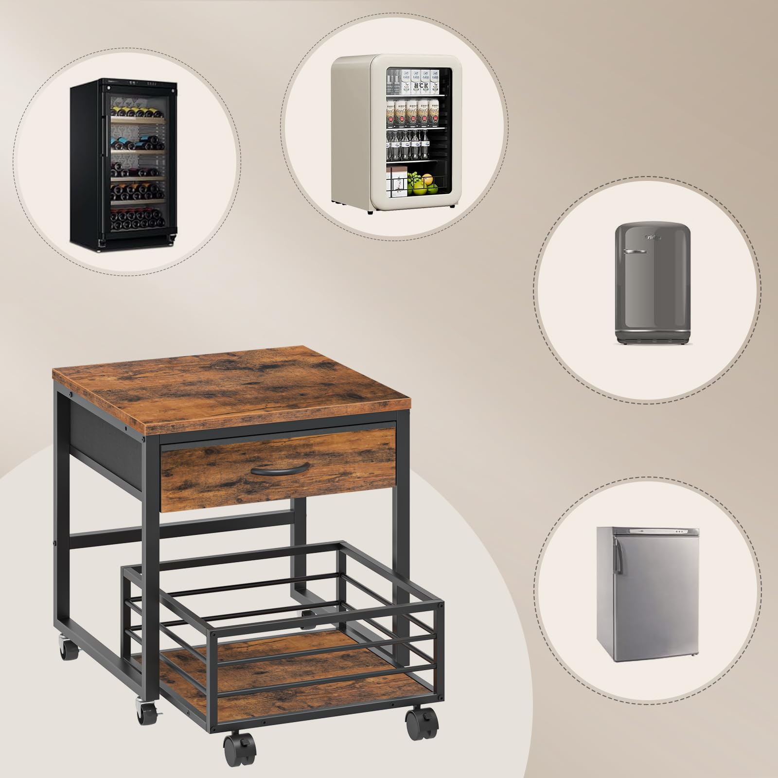 HOOBRO Supporto per Mini Frigo con Cassetto in Tessuto e Cestello Scorrevole, Tavolo per Minifrigo per Bevande con Ruote, Struttura Robusta per Cucina, Ufficio e Dormitorio EBF655BX01