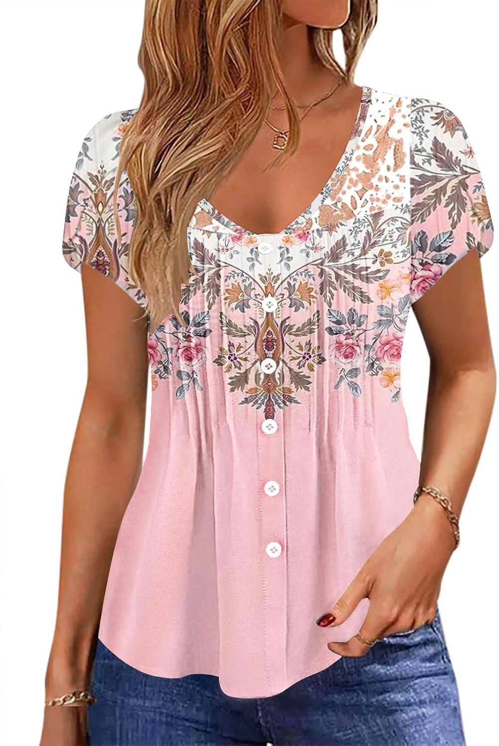 Womens Summer Tops Trendy Lace Trim V Neck Tunic Shirts Casual Petal Sleeve Pleated Front Button Blouses