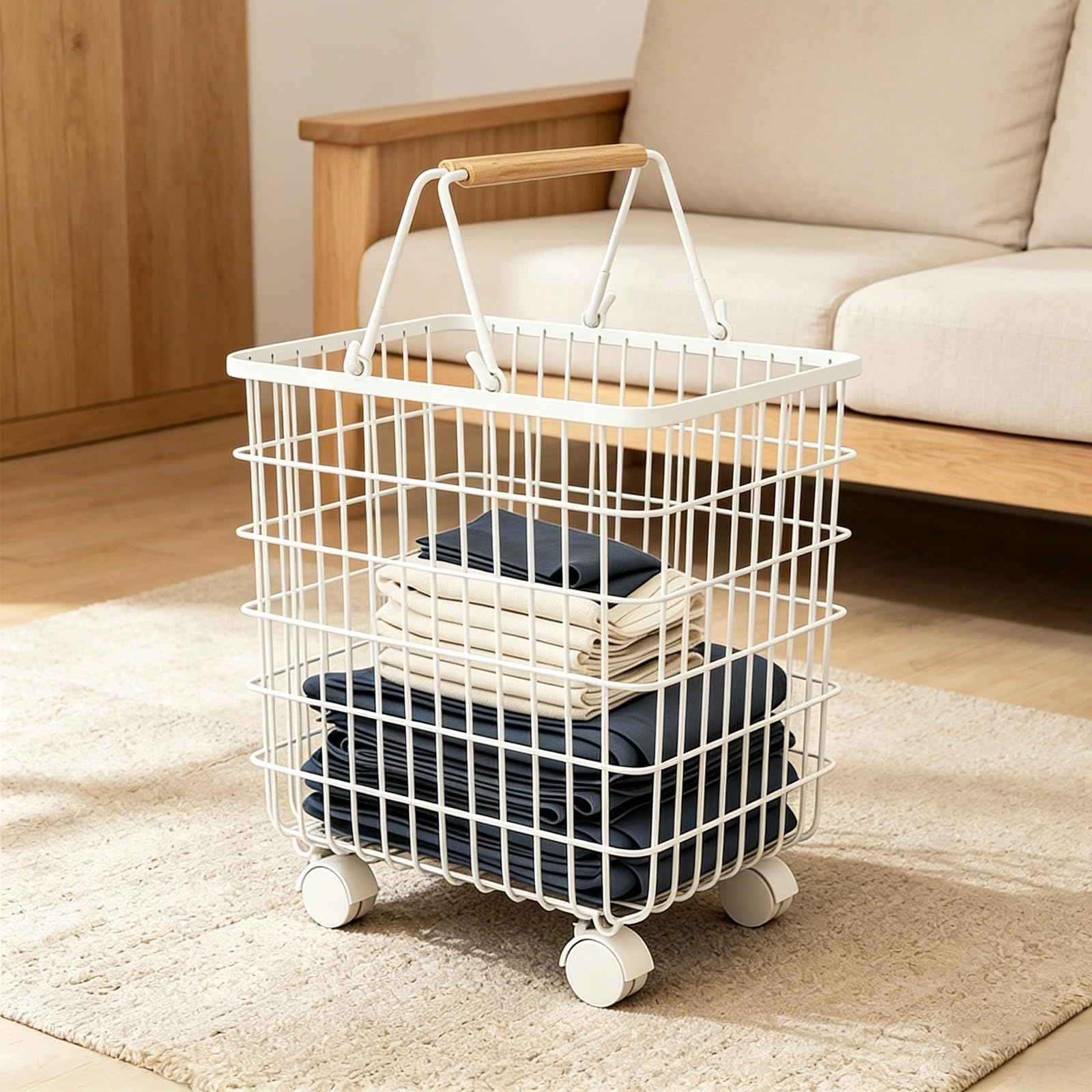 Folding Laundry Basket Household Storage Metal with Wheels,Rolling Hamper with Handle,Openwork Design,Clothes Sorter Trolley Shelf