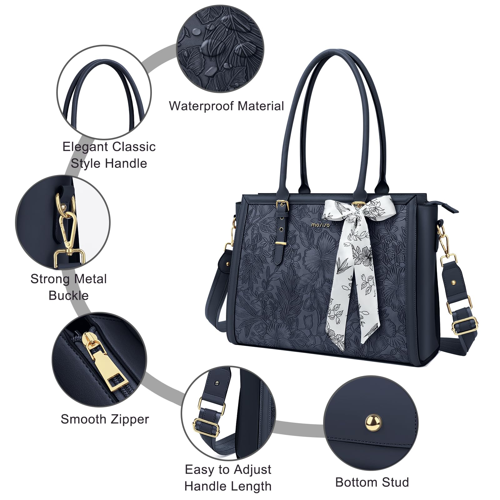 MOSISO Sac Ordinateur Femme 17-17,3 Pouces,Sac Fourre-tout en Cuir PU Compatible avec MacBook,HP,Dell,Asus,Sac PC Portable Rétro Hibiscus Gaufré avec Écharpe Soie&Pochette,Brume Bleu