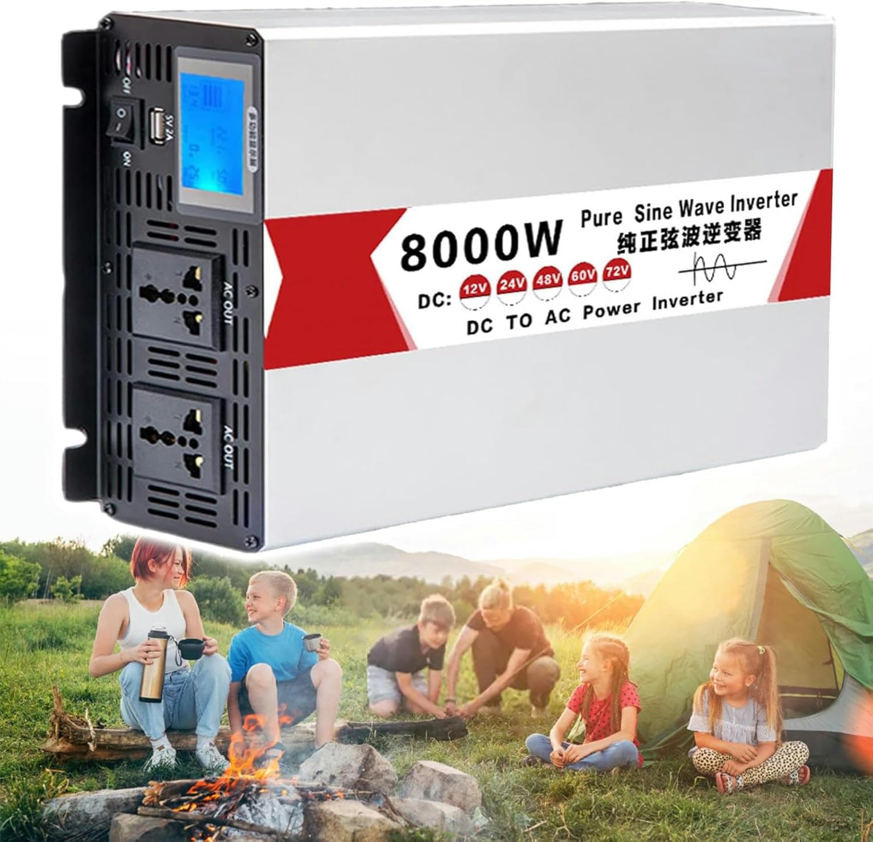 Invertisseur de puissance 8000W 12V 220V avec écran LCD pour camping