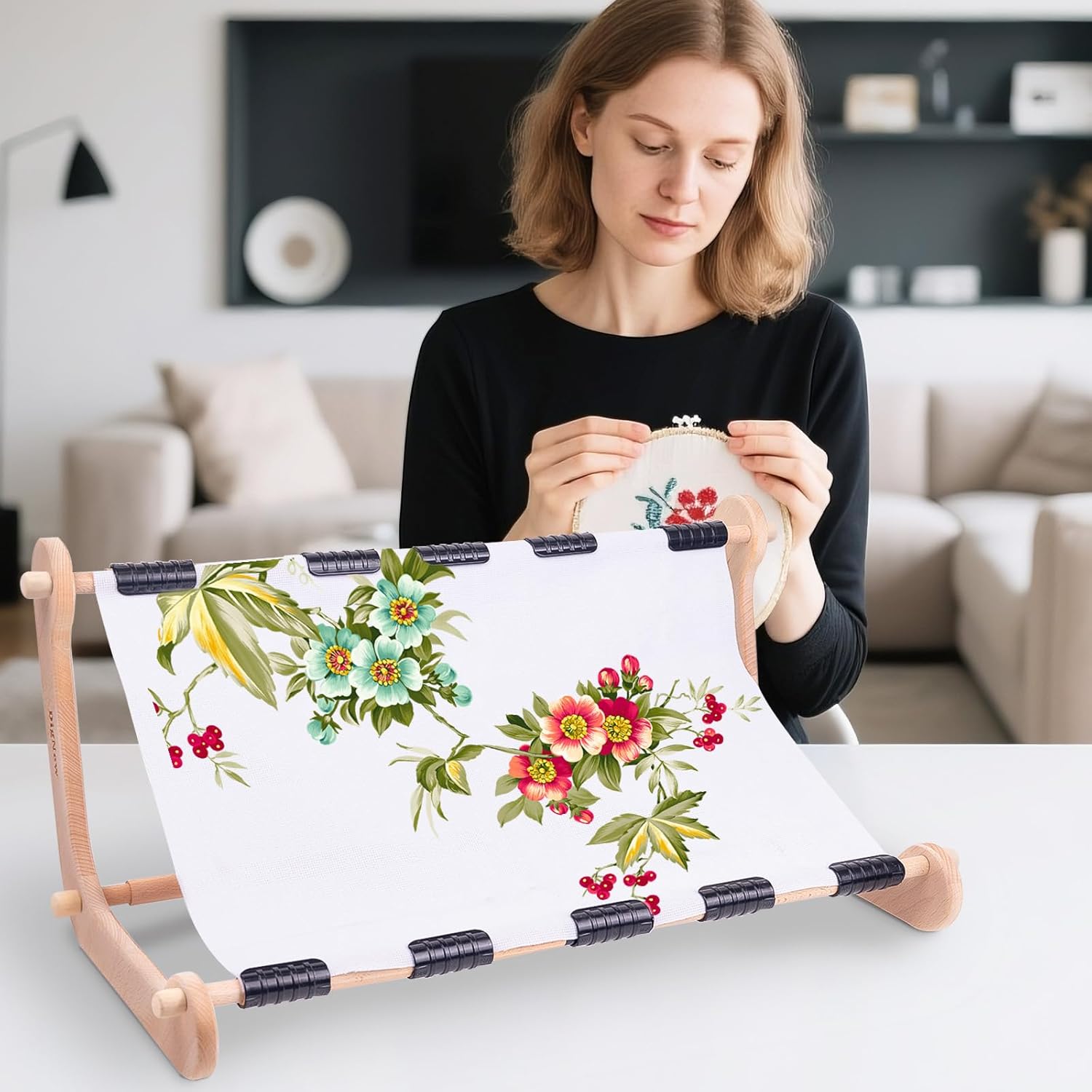 Embroidery Hoop Stand - Adjustable Wooden Embroidery Stand with Screw-Tightening Joints & Custom Clamps - Expandable from 11.8in to 23.6in for Cross Stitch & Needlework