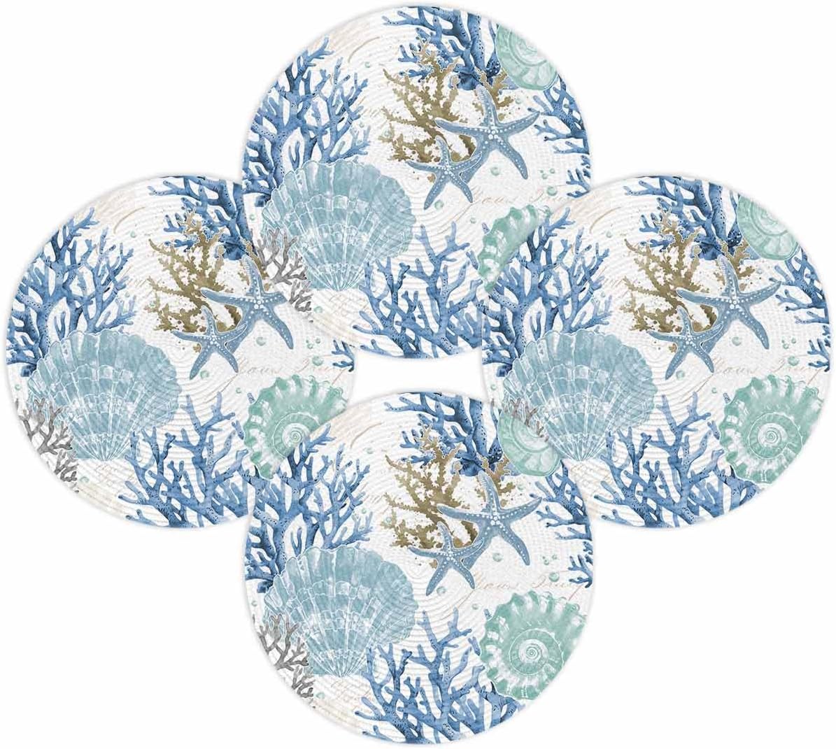 Round Placemats Coastal Blue Teal Coral Shell 15 inch Placemats for Dining Tables Ocean Marine Round Table Mats for Kitchen Decoration Set of 4