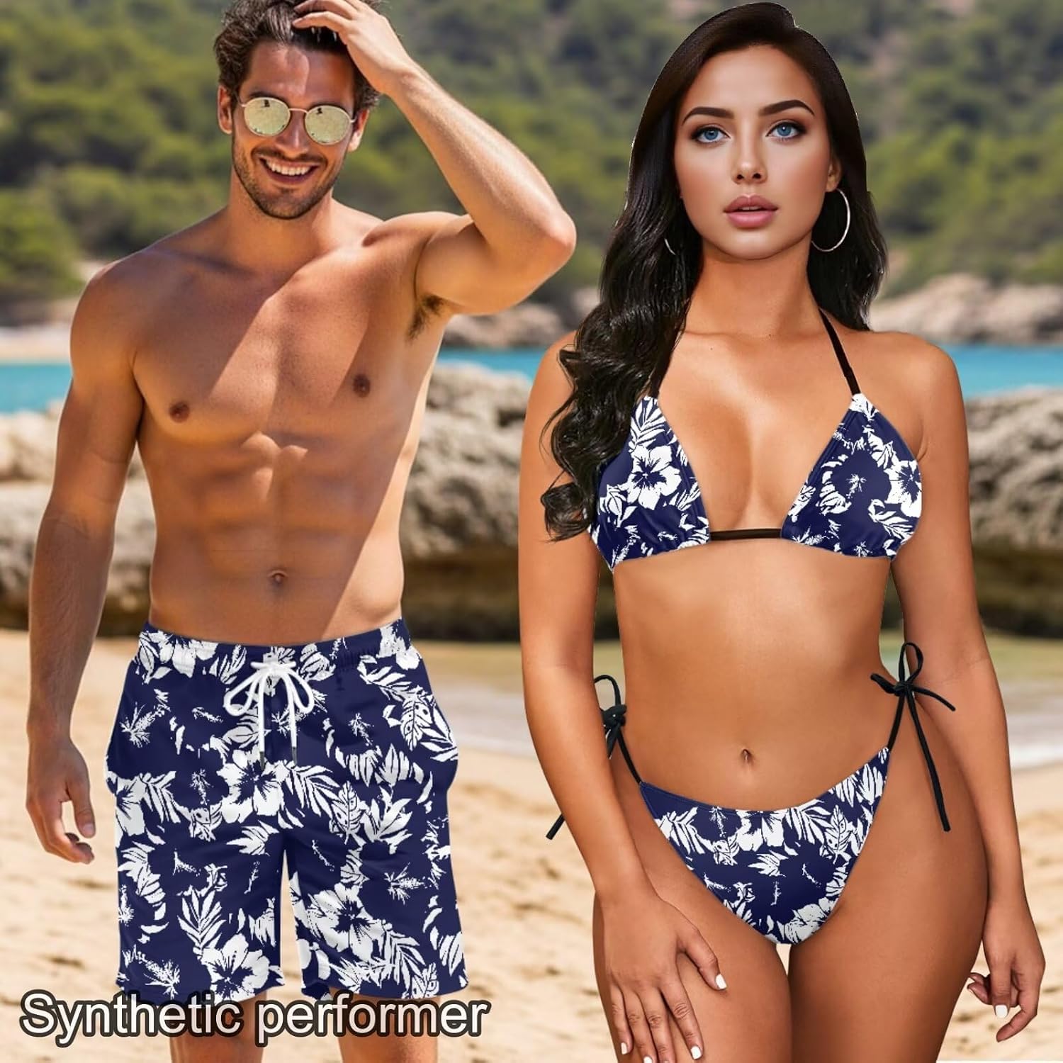 Howilath Hawaiian Couples Matching Swimsuits Sporty Men Swim Trunks & Women's Bikini Sets 2 Piece for Beach Pool Party