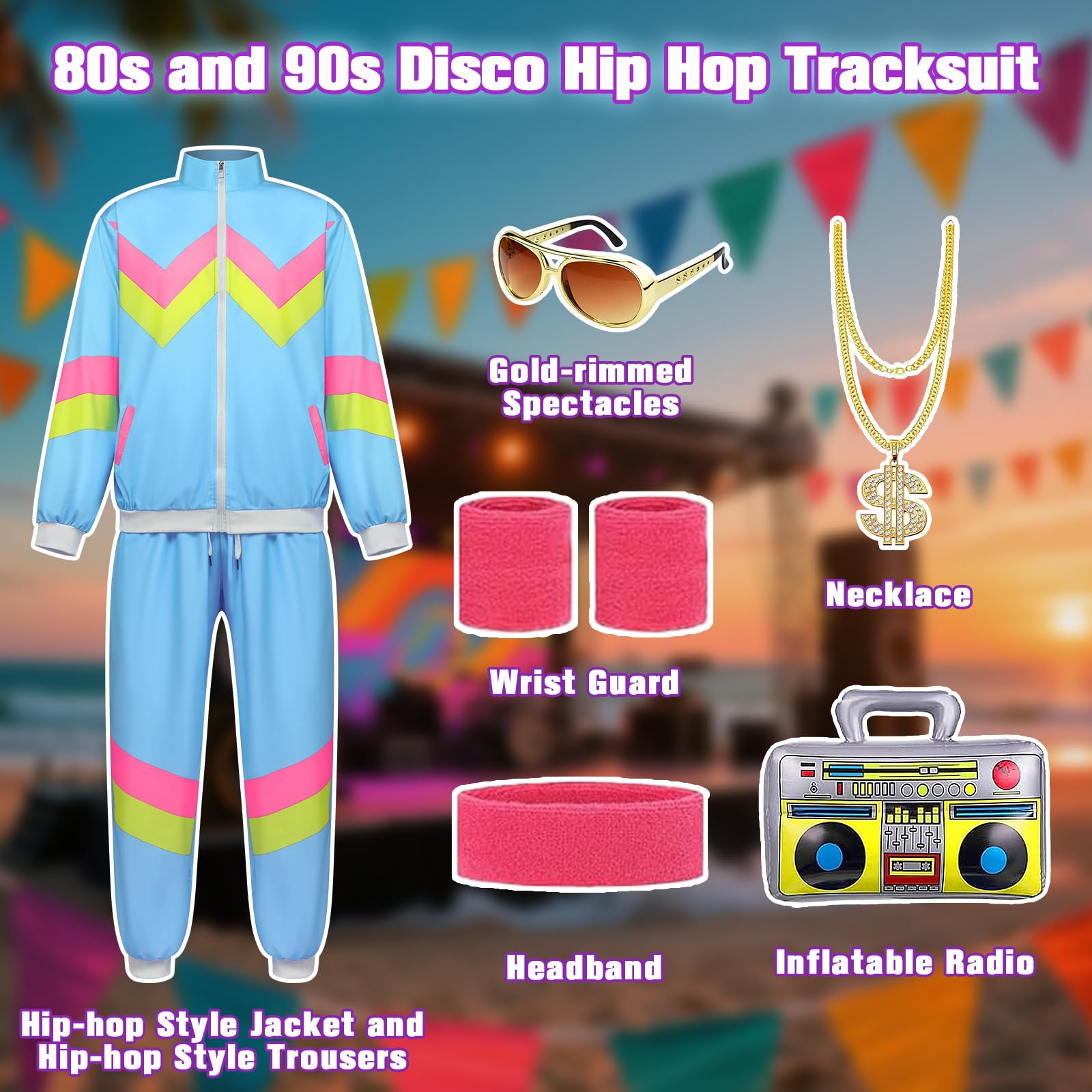 rumnigh 80s 90s Fancy Shell Suit Costume Men Women Adults, 80s Disco Hip Hop Tracksuit for Halloween Carnival Party (Blue, M) - Image 4