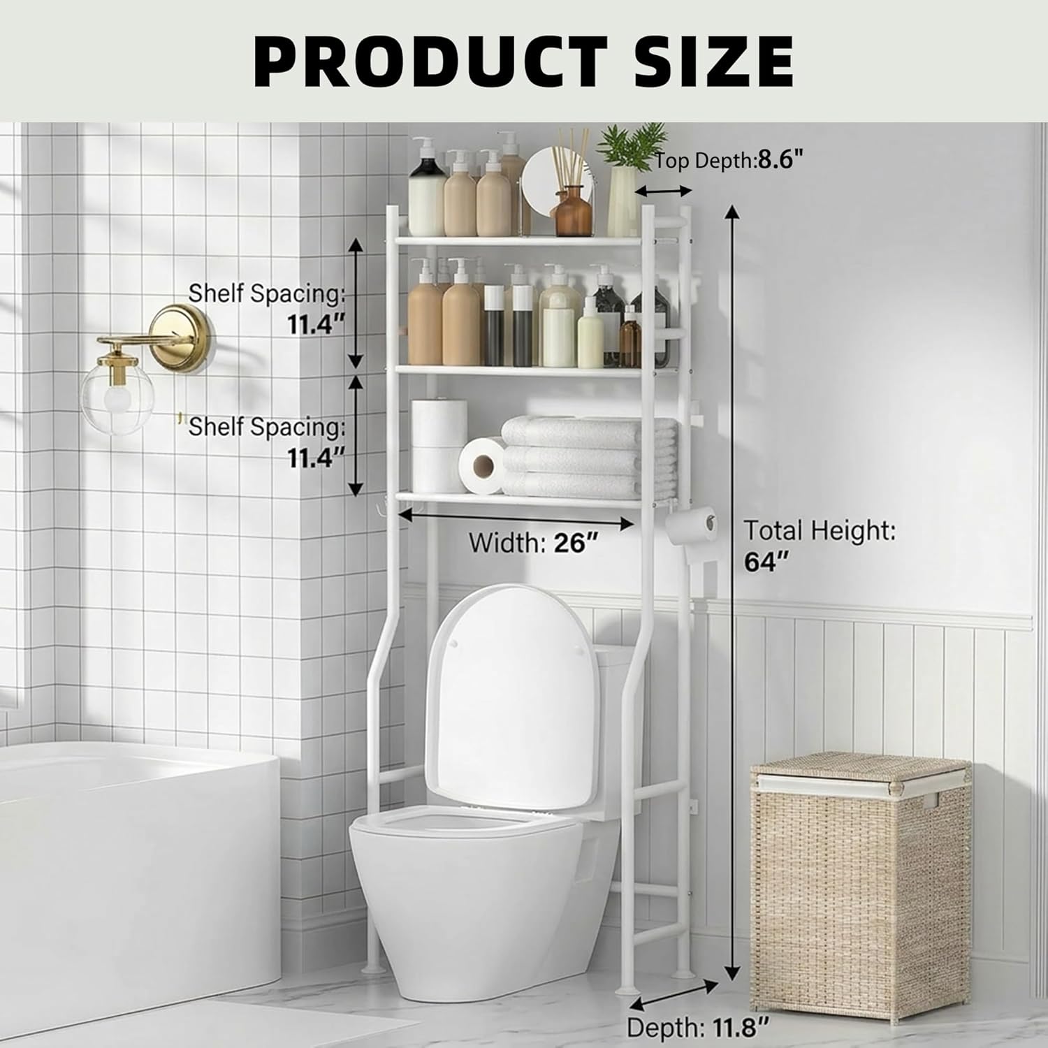 GloTika 3-Tier Over Toilet Storage with Anti-Tilt Safety System - 150lb Total Capacity Metal Bathroom Shelves Including Paper Holder & 4 Hooks, Space Saving Above Commode Organizer (64" H, White)