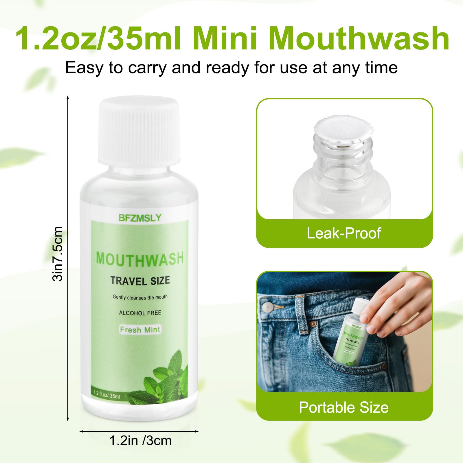 Enjuague bucal tamaño viaje, 1.2 oz/1.2 fl oz, mini enjuague bucal, sin alcohol, enjuague oral portátil para viajes, hoteles, sobre la marcha (menta) (50) 2