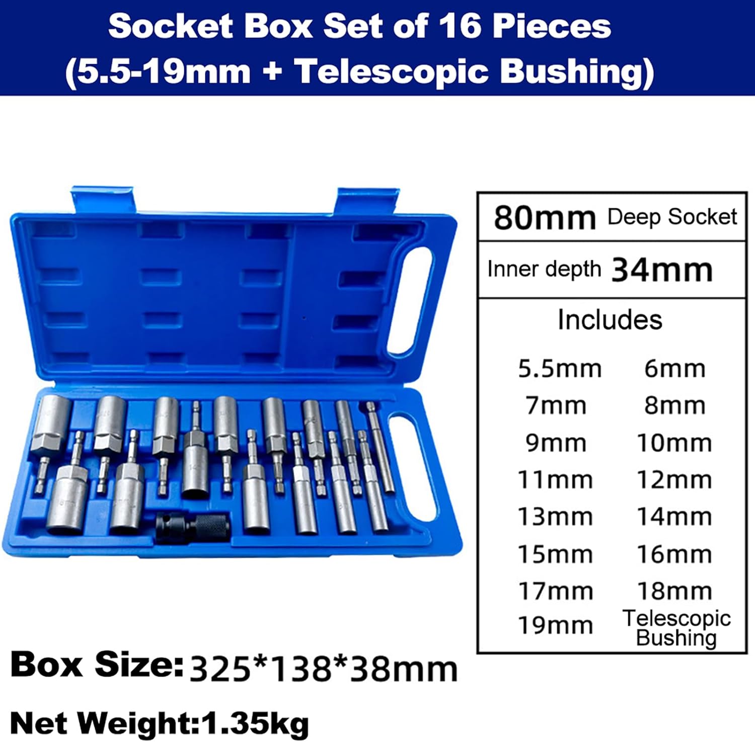 15Pcs Hex Shank Deepened Socket Wrench Nut Driver Set 5.5mm to 19mm - Heat - Treated Vanadium Steel, Durable Power Screw Drill Bits Tools for DIY and Professional Repair (16 Pcs)