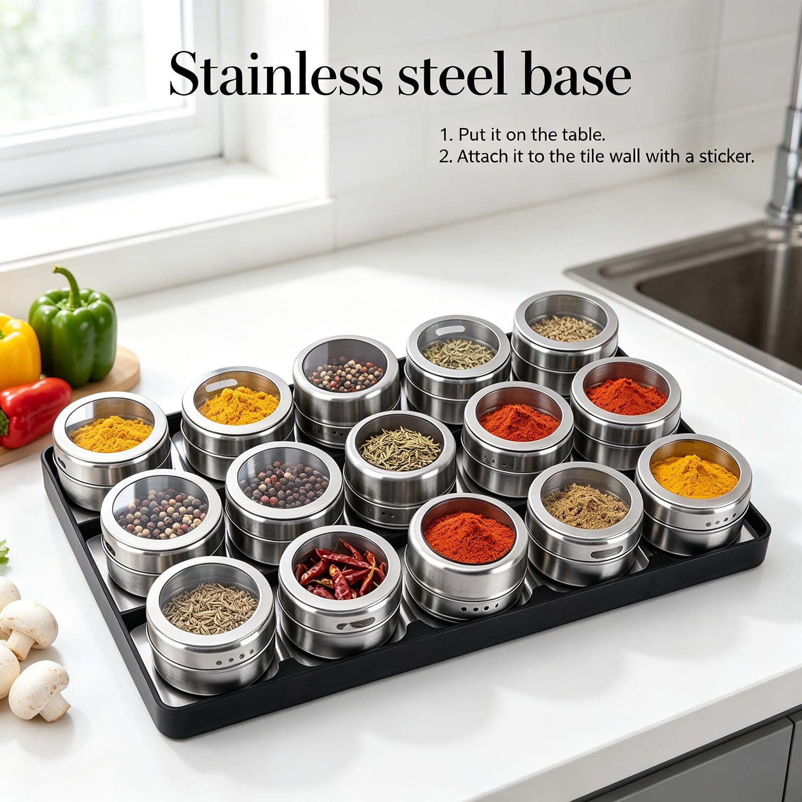 Gewürz und Gewürz Vorratsdosen Set mit Edelstahl Finish, transparenten Deckeln und Tablettboden für organisiertes Kochen auf der Arbeitsplatte und Sortieren Gegenstände Metallbehälter,