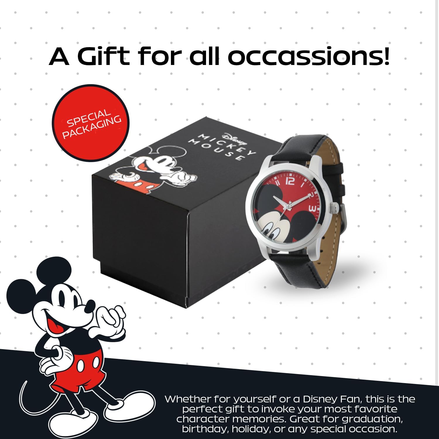 Disney Mickey Mouse Watch for Men – Stylish Men's Mickey Mouse Watch – Collectible Timepiece – Gift for Fans – Classic Watches with Silver Case & Black Leather Strap