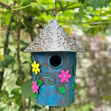 9.25" H Metal Hanging Decorative Birdhouse for Hummingbird with Paint - Bird Houses for Outside, Birdhouses for Outdoors, Bluebird Houses for Outside for Yard, Garden, Backyard. Blue