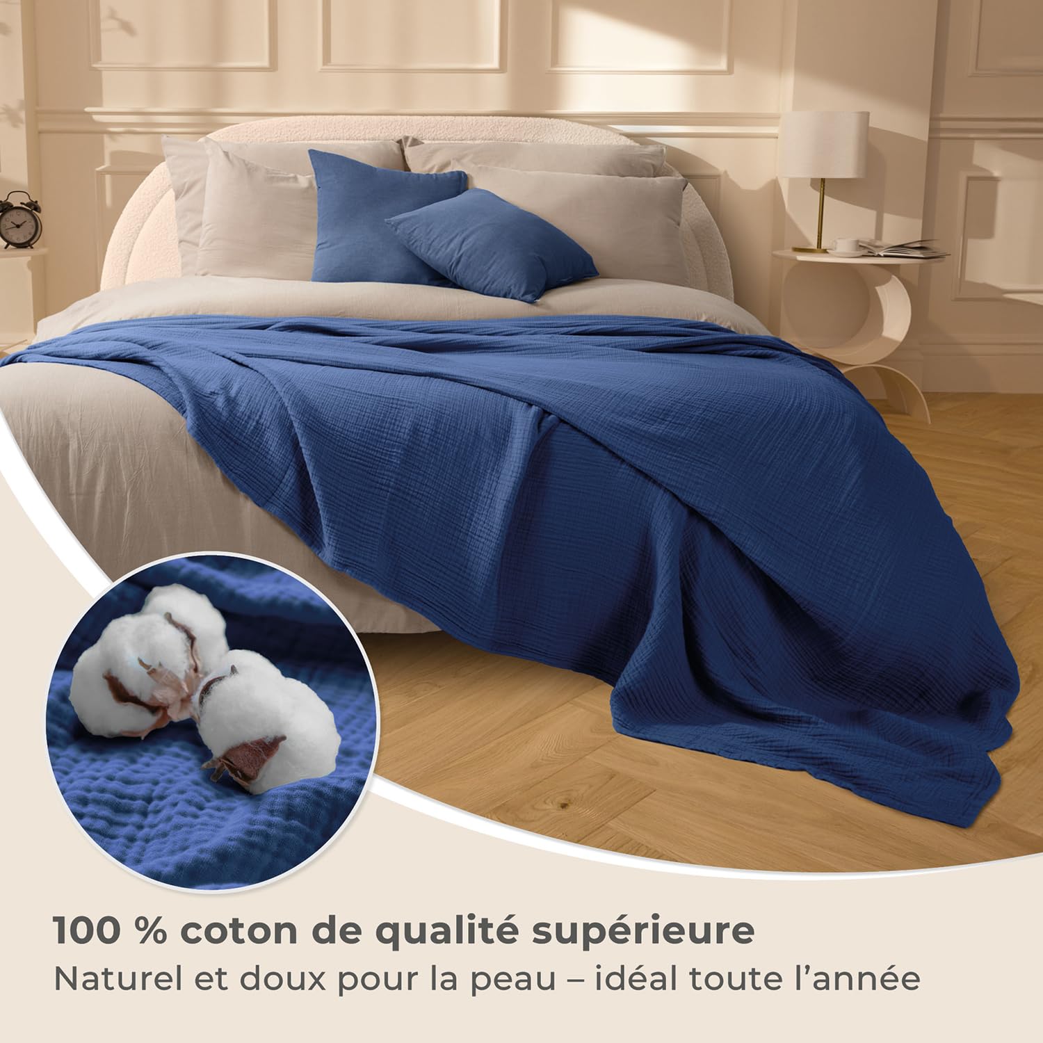 LAYNENBURG Premium Plaid canape Grande Taille en Mousseline 100% Coton – Couvre lit Respirant 4 Couches, Plaid Grande Taille, Jeté de canapé - Couverture légère 180x220 cm de Bleu