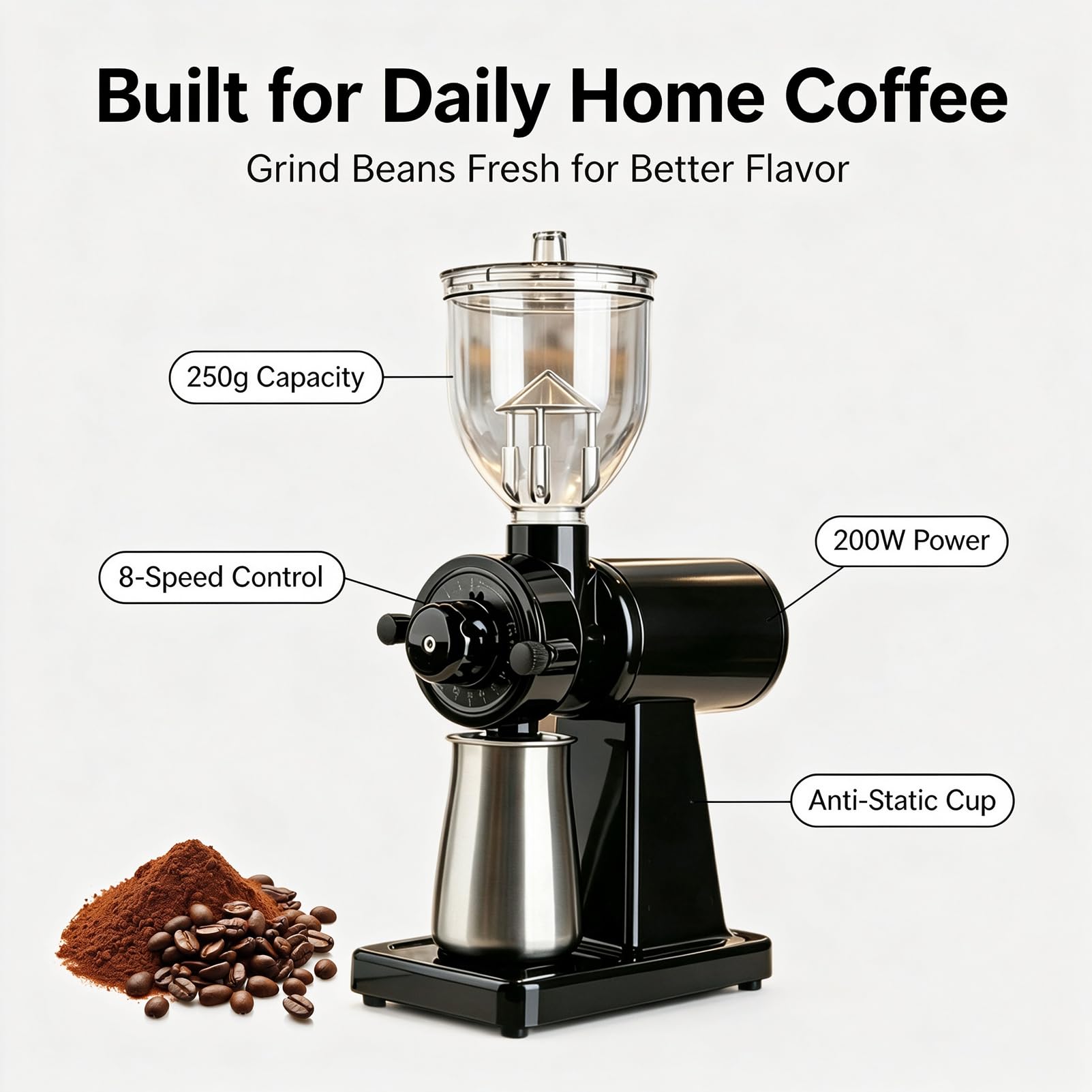 Młynek do kawy 200W, 8-biegowy mielenie, pojemność 250g | Antystatyczny elektryczny młynek do kawy z kubkiem do użytku domowego(white)
