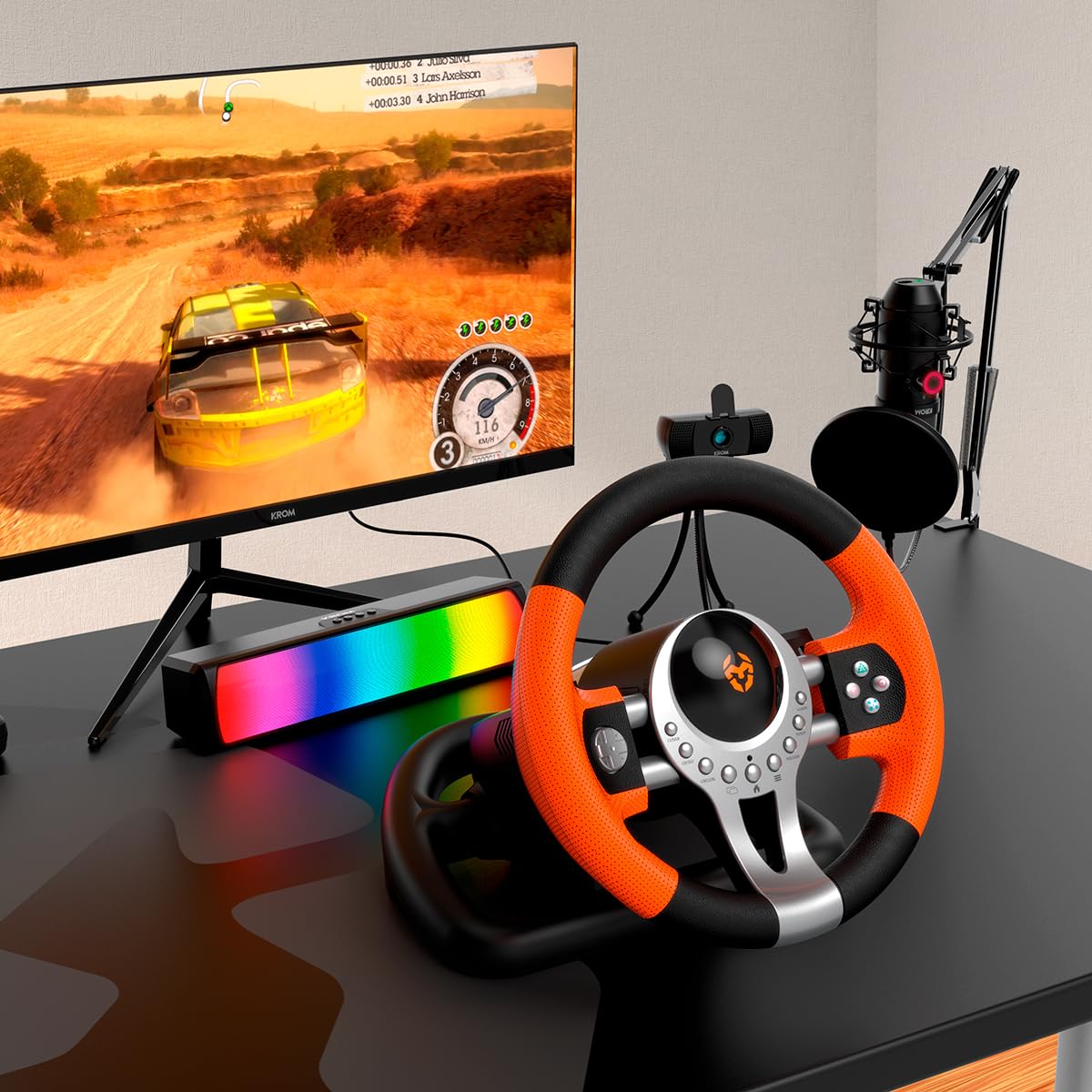 KROM K-Driver – Volante da corsa con pedali e vibrazioni, compatibile con PC, PS3, PS4 e Xbox One, con leva del cambio, levette e 12 pulsanti, connessione USB per giochi di guida