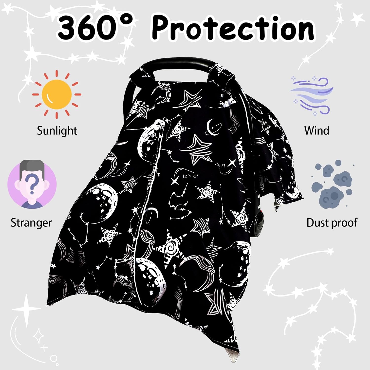 Baby Car Seat Cover, Soft Minky Warm Winter Car Seat Canopy for Infants & Toddlers, Opening with Adjustable Strap, Breathable Nursing Cover & Stroller Blanket, Black Starry Sky (Fits Most Car Seats) - Image 8