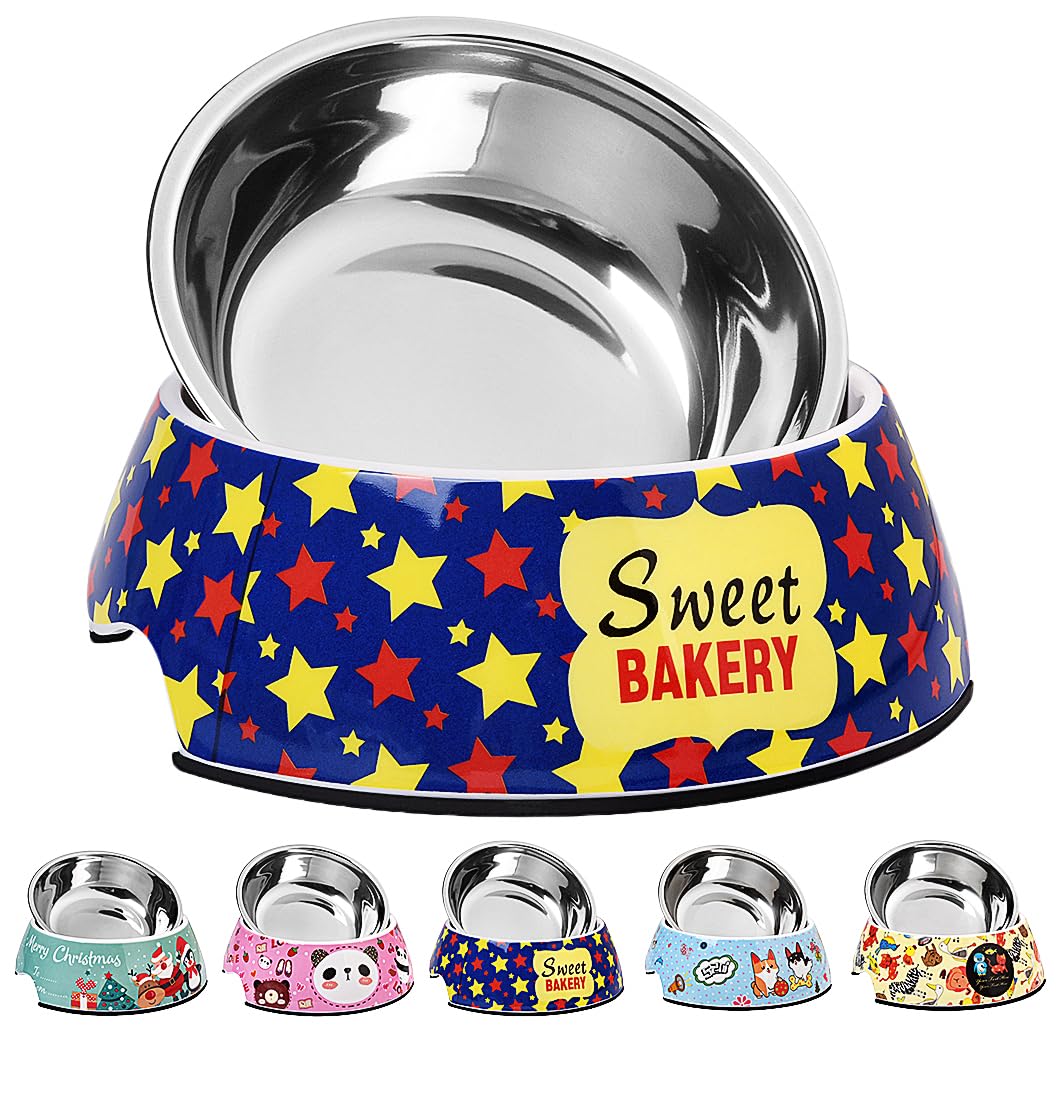 SLZZ Pet 2 in 1 Food Water Bowls - Non Slip Skid Proof Heavy Duty for Dogs Cats Puppies - Cartoon Stars