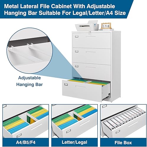 Vista 21 de Archivador de metal con cajón, archivador lateral vertical con cerradura, archivador con gabinete de almacenamiento para oficina en casa, gabinete