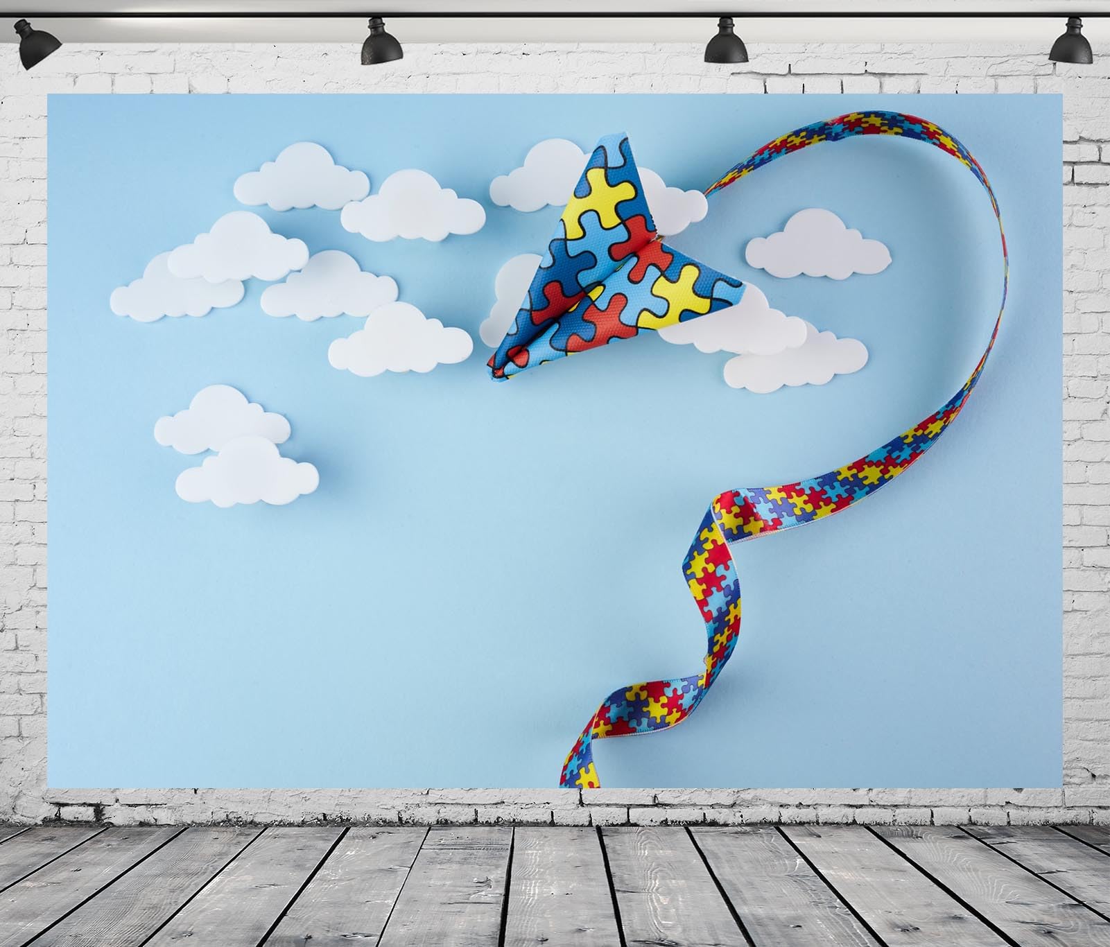 CORFOTO Autism Awareness Month Backdrop Fabric 17x10ft Blue Sky Paper Plane Autism Puzzle Ribbon Background for Autism Themed Birthday Party Decorations Kids Accept Understand Love Photoshoot Props