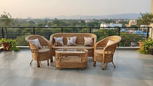 KANEKARTS Bamboo 5 Seater Handmade Cane Sofa Set with Table for Home, Office, Living Room, Balcony, Garden, Indoor & Outdoor