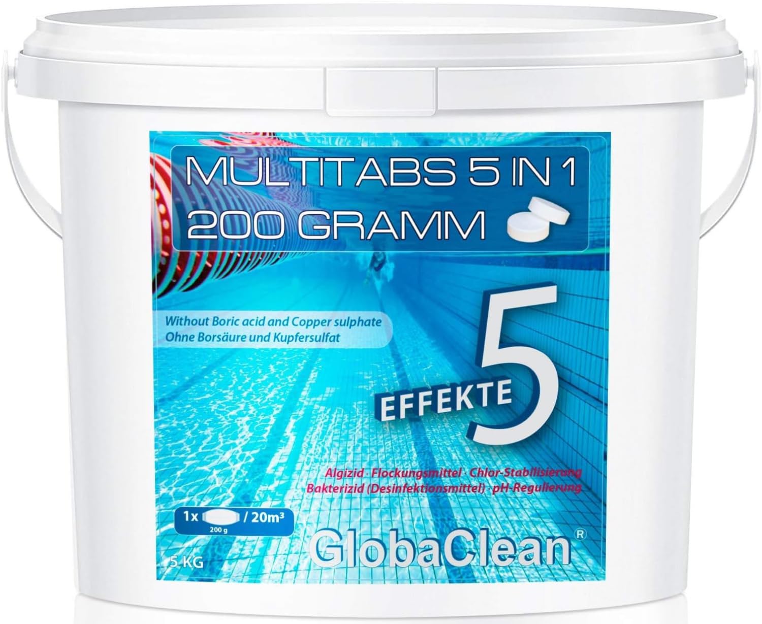 Multitabs für Pool 5 in 1 – 5kg (25 Tabs) – Chlortabletten für Pool 200g – Profi-Qualität Borsäurefrei – Made in Europe - Für kristallklares Poolwasser