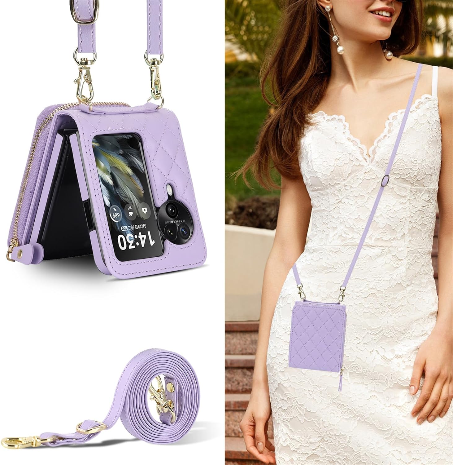 XYX Case for Oppo Find N3 Flip with Card Holder, Zipper Leather Accordion Purse Cover with Wrist Strap Crossbody Lanyard, Violet