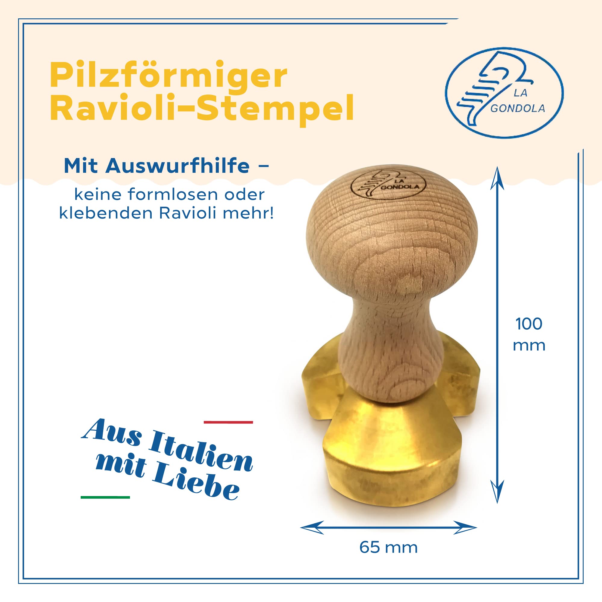 LA GONDOLA Professionelle Ravioli Stempel PILZ aus Messing mit Naturholzgriff -Formen und Stanzer von den besten Restaurantküchen und Chefs benützt