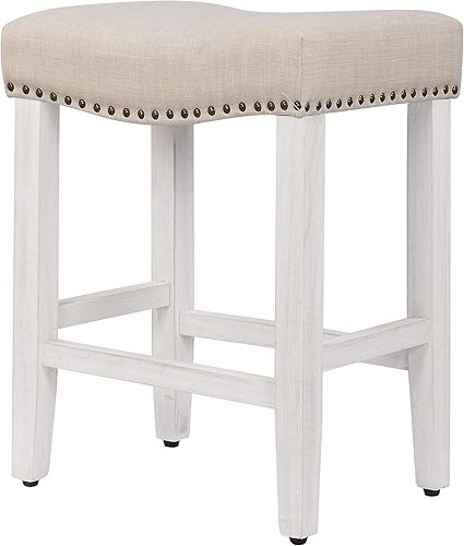 Miniatura 6 de WO Home Furniture - Taburete de mostrador de 24 pulgadas, 2 piezas, taburete tapizado sin espalda con patas blancas antiguas de madera para cocina