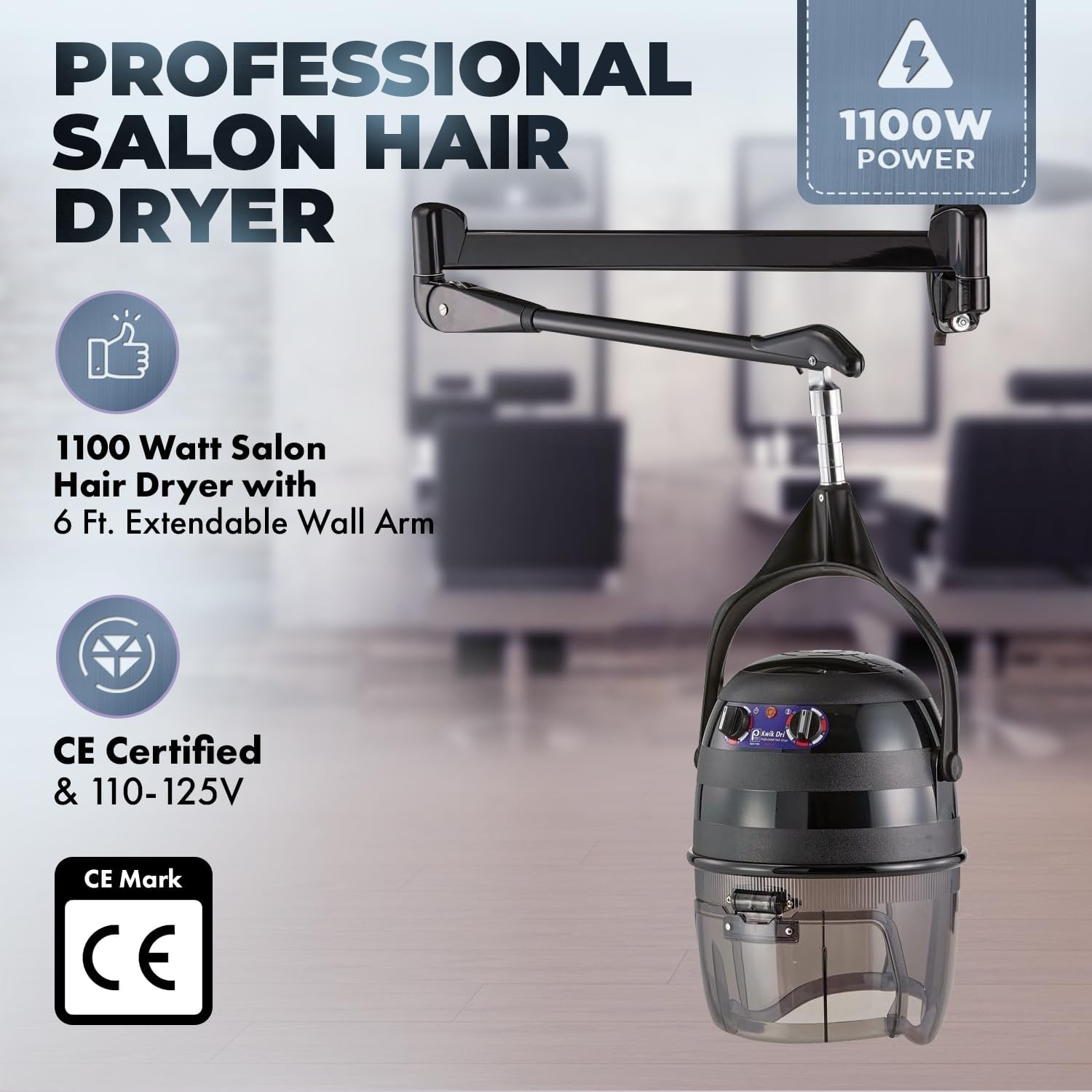 Pibbs 515 Kwik Dri Wall-Mounted Hair Dryer for Professional Salons, 1100W Hooded Dryer, Adjustable 6' Wall Arm, Flip-Top Visor, Timer & Temperature Control Dial, PIB-515