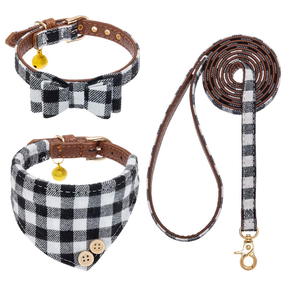 EXPAWLORER Dog Collar and Leash Set - Classic Plaid Dog Bow Tie and Dog Bandana Collar with Bell, Dog Leash Tangle Free, Adjustable Collars for Small