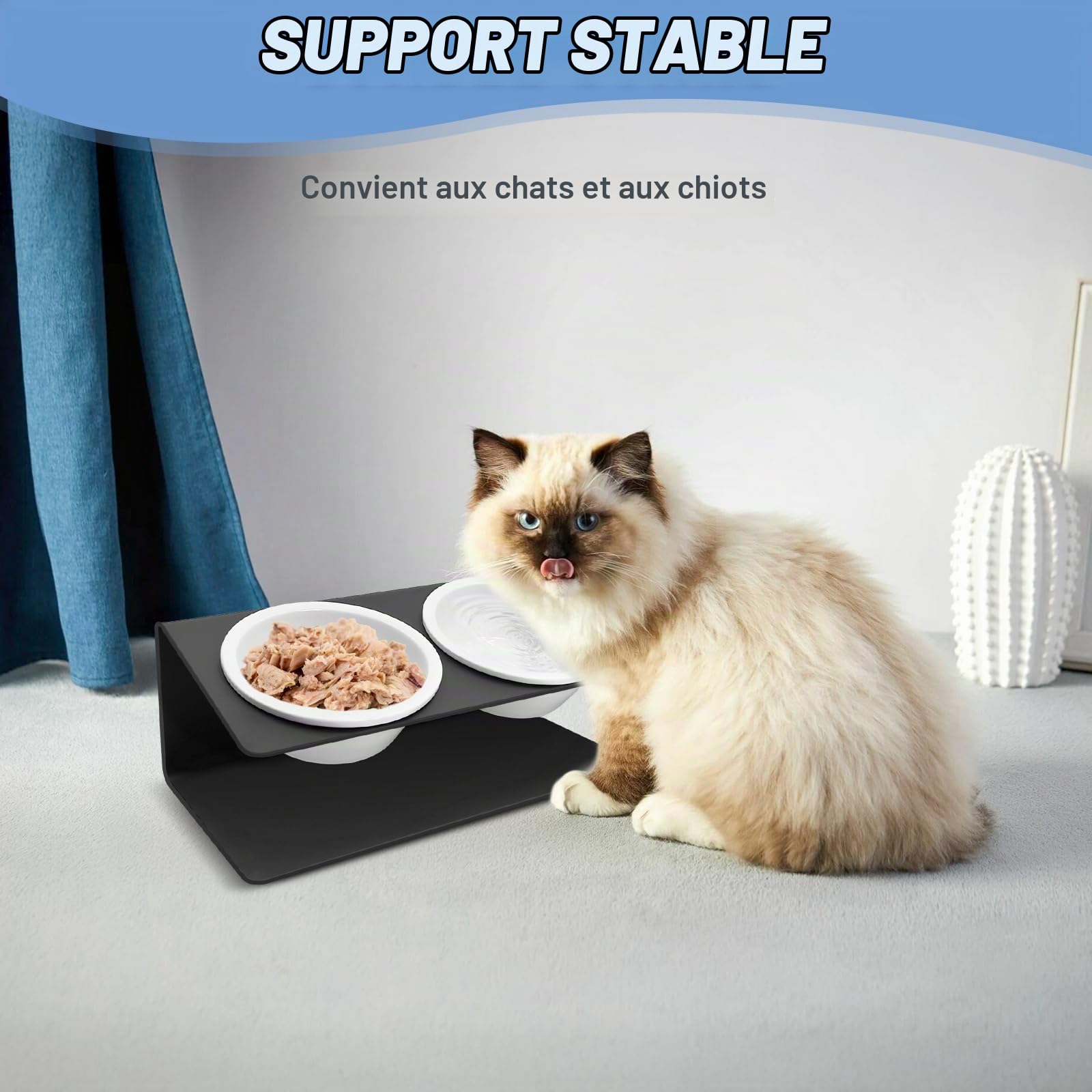 Gamelle Chat Surélevée, Gamelle pour Chien avec Support en Métal Antidérapant Incliné à 15°, Bols Chat Ceramique de Nourritur