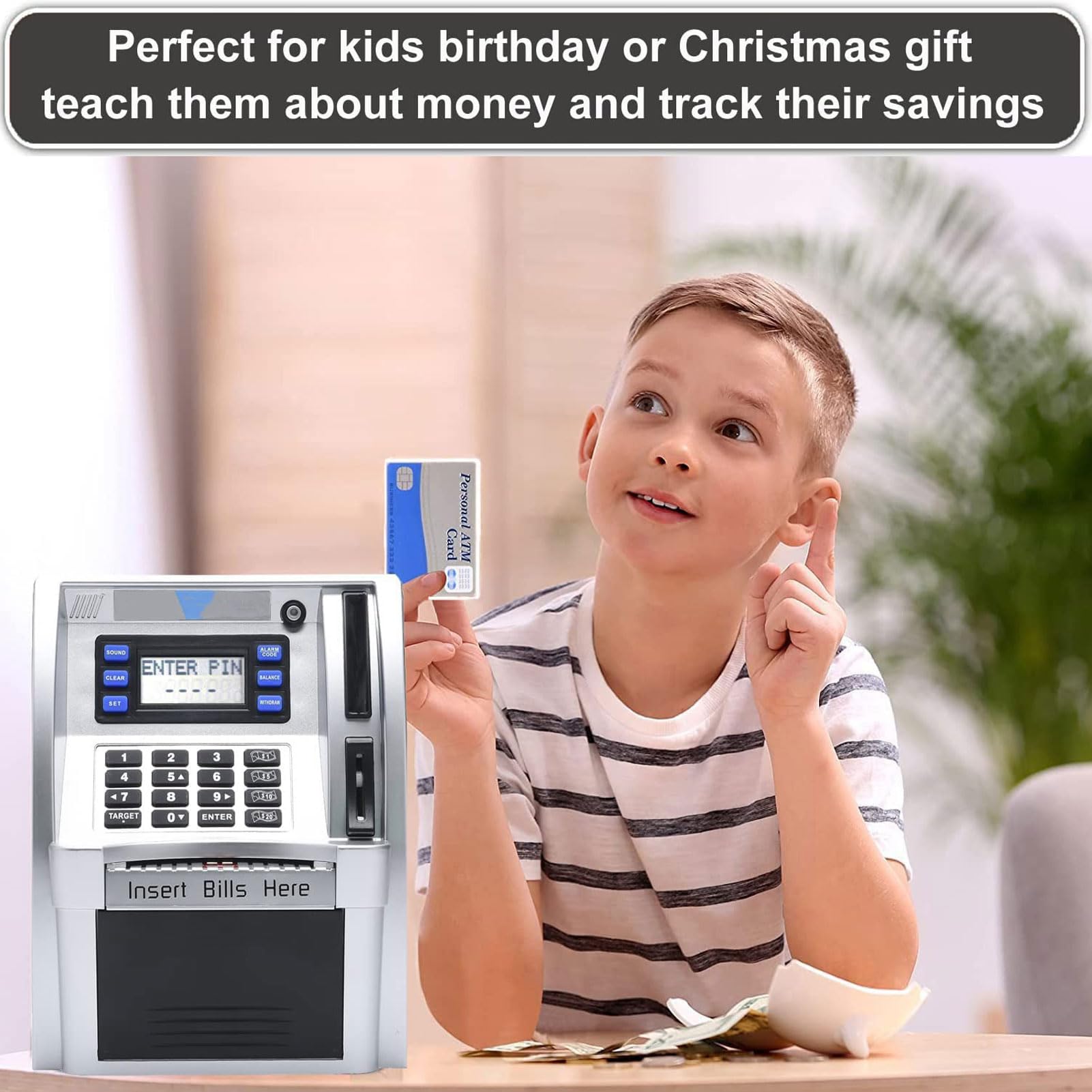 TOPINCN Tirelire ATM électronique, Boîte d'argent Protégée par Mot de Passe avec écran LCD, Boîte D'économie de Factures à Défilement Automatique Créative pour Enfants Adultes Décor de