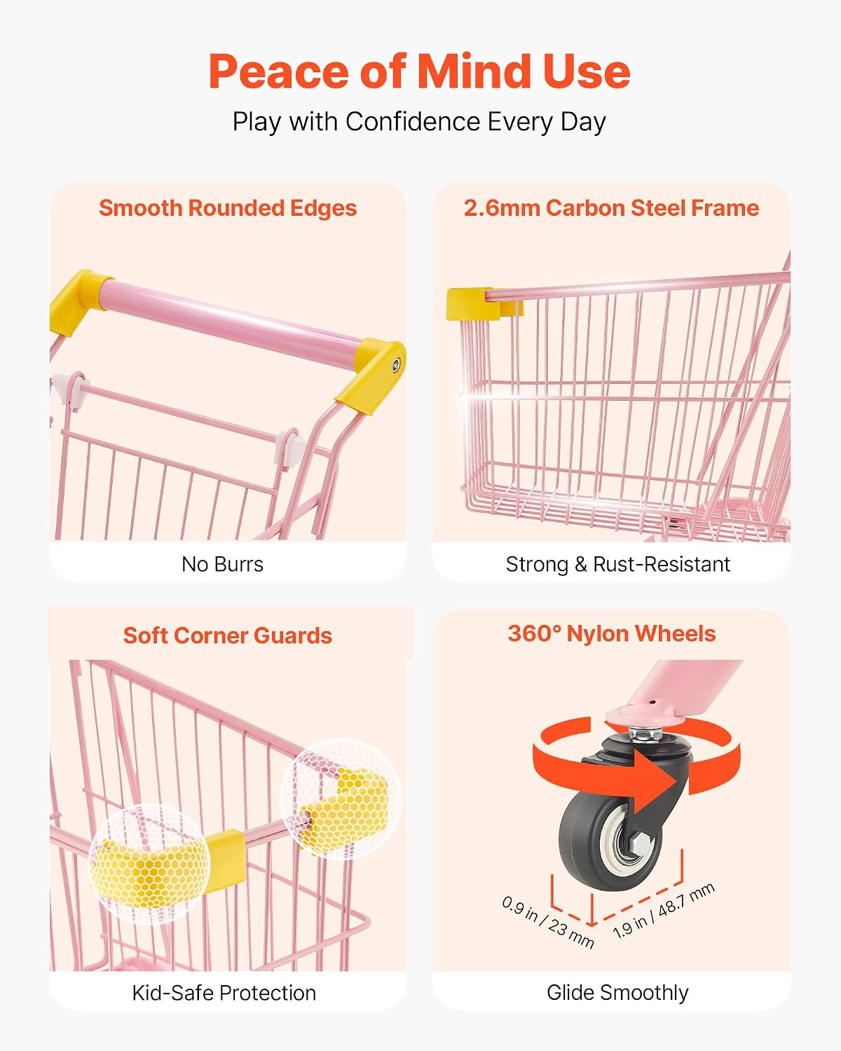 VEVOR Shopping Cart for Kids, Sturdy Steel Frame, Grocery Store Pretend Play Toy with Wheels, Dense Mesh Basket, Toy Shopping Cart Trolley, Foldable Design, Flip-Open Back, for Kids & Toddlers Ages 3+