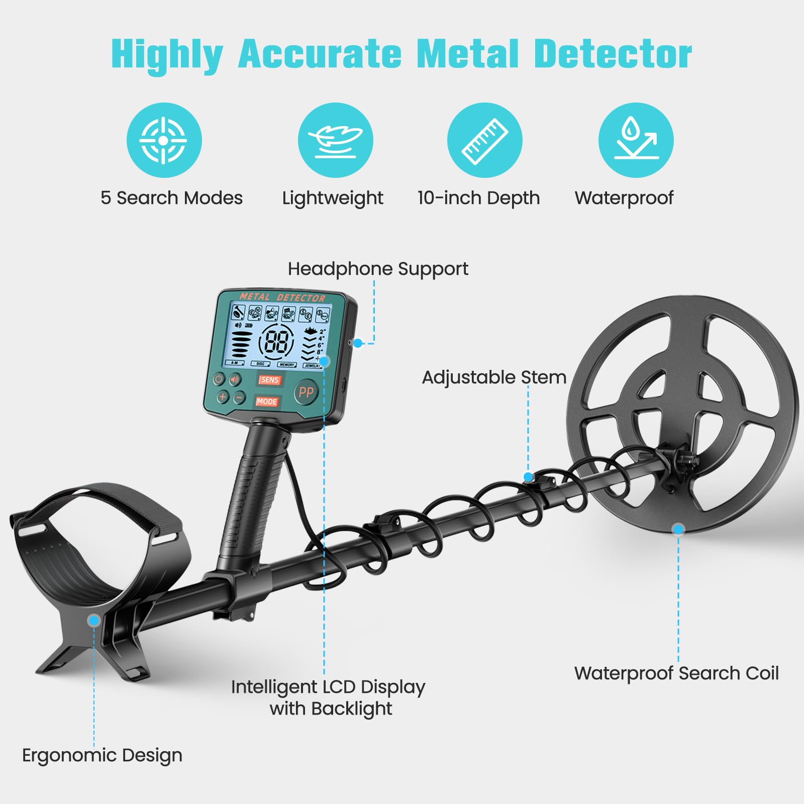 Détecteur de métaux professionnel avec 2 batteries rechargeables, 5 modes Détecteurs de métaux pour adultes et enfants, IP68 étanche Bobine de recherche de 26 cm avec écran LCD, écouteurs (Vert Foncé)