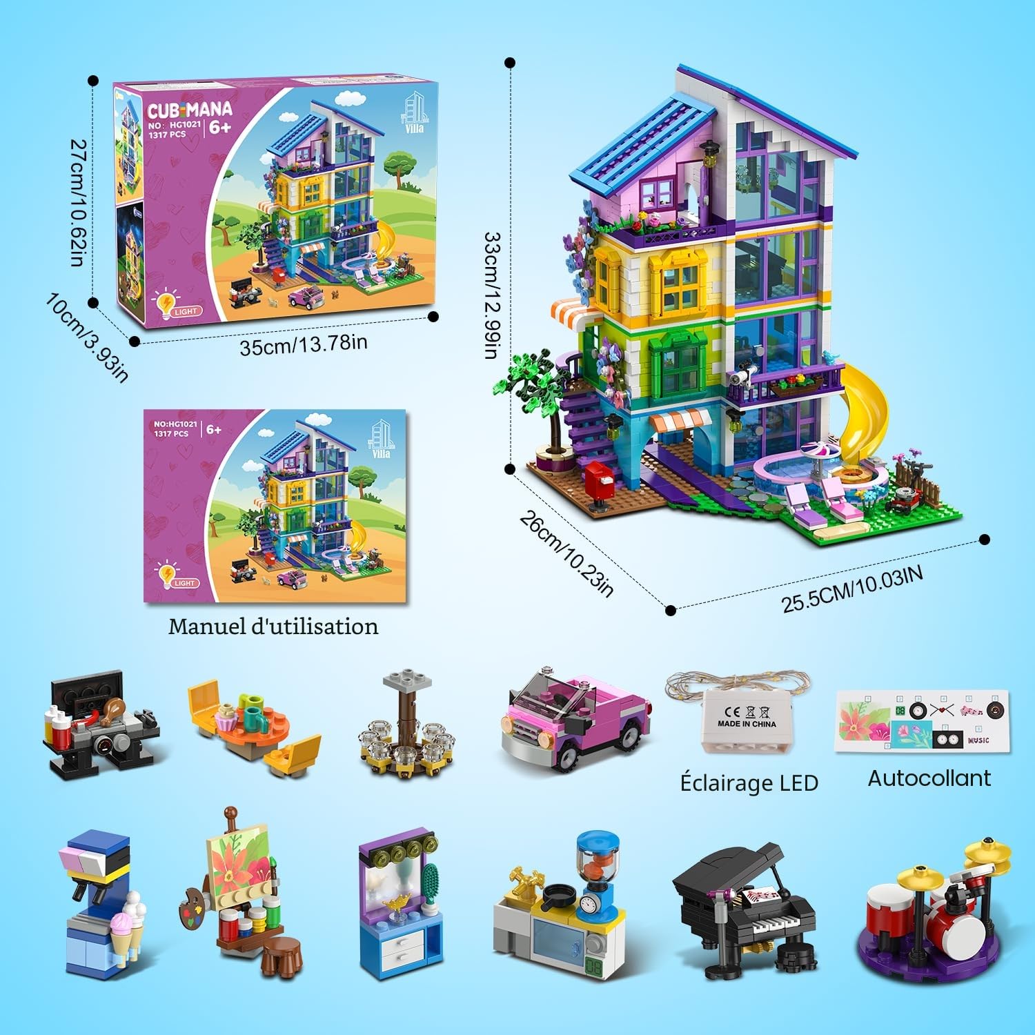 CUBIMANA Friends Maison de Filles avec Lumière LED pour Enfant de 6+ Ans | Kit de Construction Fille avec Voiture et Piscine, 1317PCS Maison Jeu de Rôle, Cadeau Noël Anniversaire pour Fille Garçon