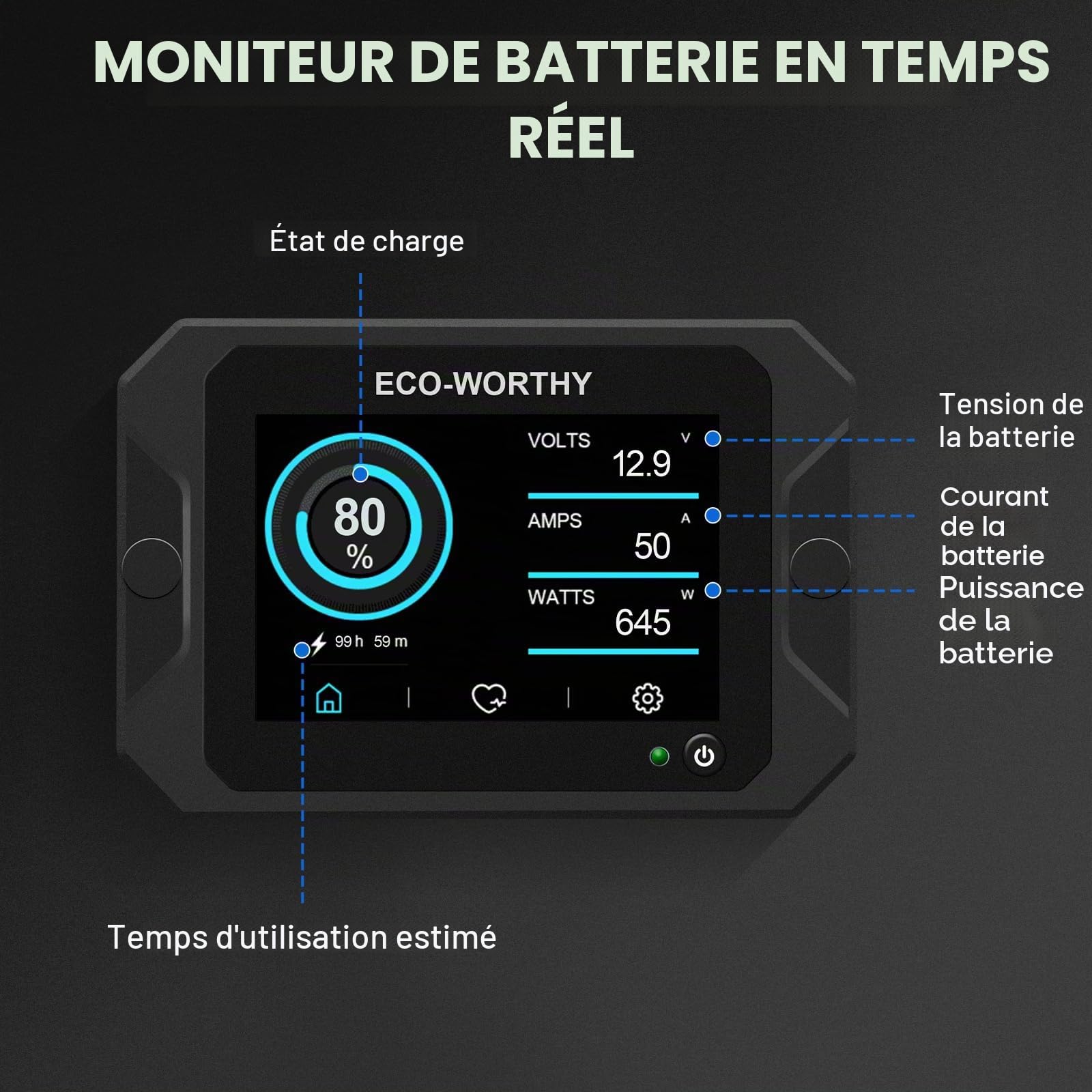 ECO-WORTHY Moniteur de Batterie 300A avec Capteur Hall, Moniteur de Batterie 9-80V pour Batterie Li-ion/LiFePO4/AGM/Gel dans Système Solaire/Chariot/RV