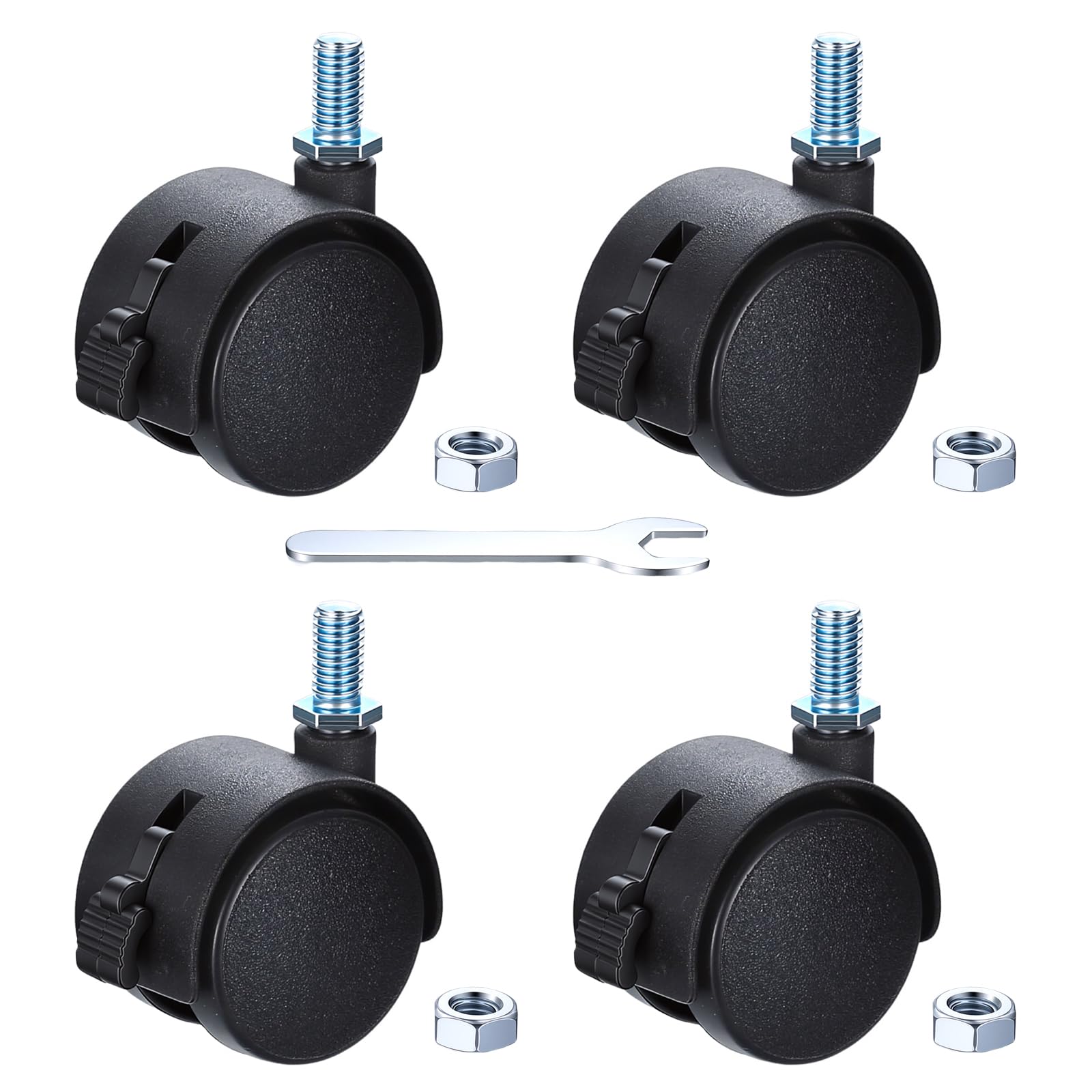 qxayxa 4 Pcs 1.6″ Nylon Swivel Caster Wheels with Brakes, Nuts & Spanner
