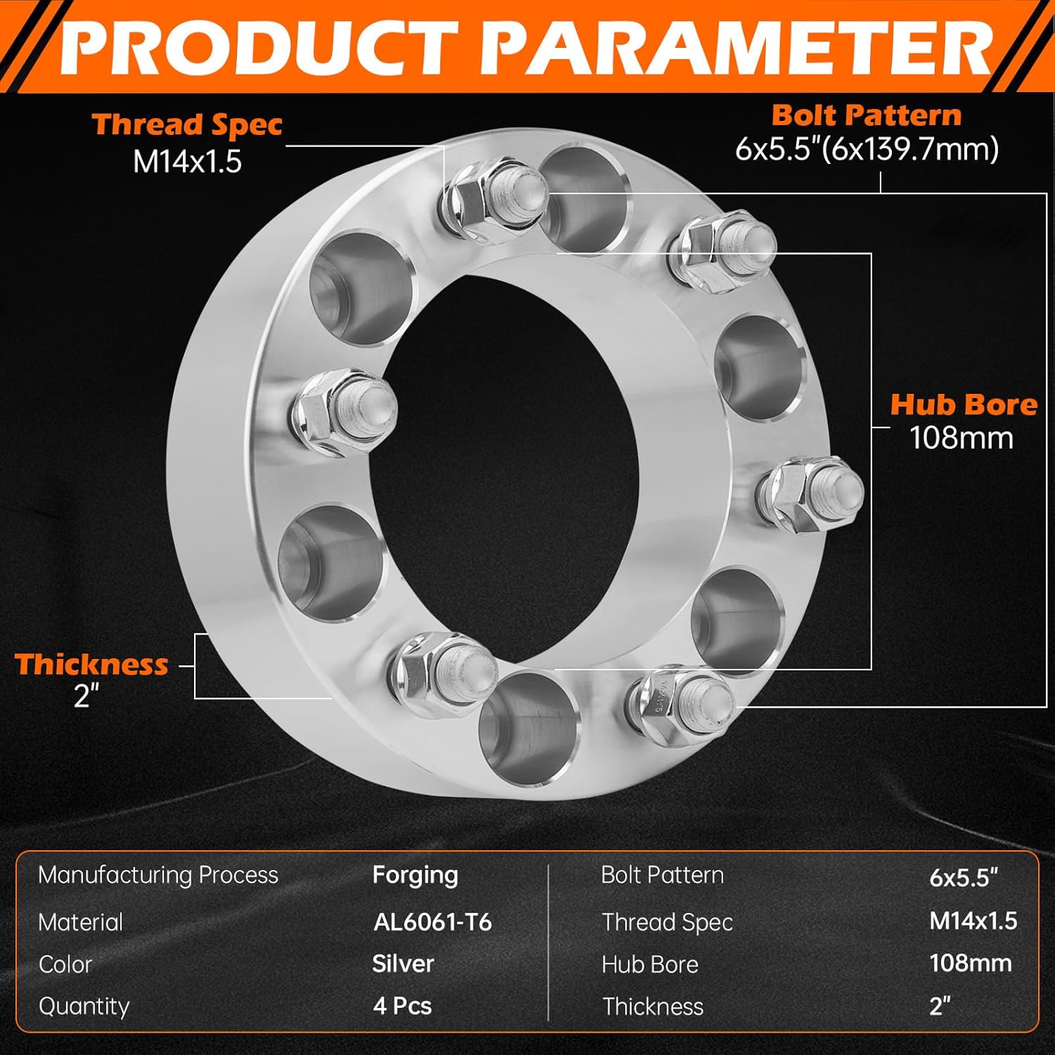 GAHA Wheel Spacers 2 inch Fit for Chevrolet CK2500 K1500 Suburban Tahoe Silverado Avalanche Express, for Cadillac Escalade Ram, for GMC Yukon Sierra 108mm 6x139.7 M14x1.5 Forged Adapters 4PCS