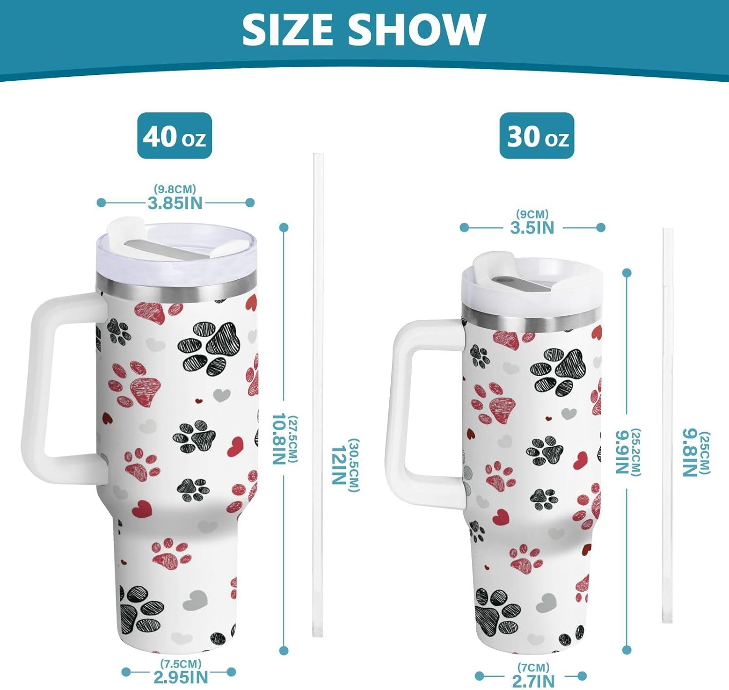 Boccsty Black Red Dog Paw Prints Hearts Insulated Tumblers Reusable Stainless Steel Tumbler 40 oz Cup Coffee Travel Mug Water Bottle with Handle & Flip Straw for Home Office Car - Image 3